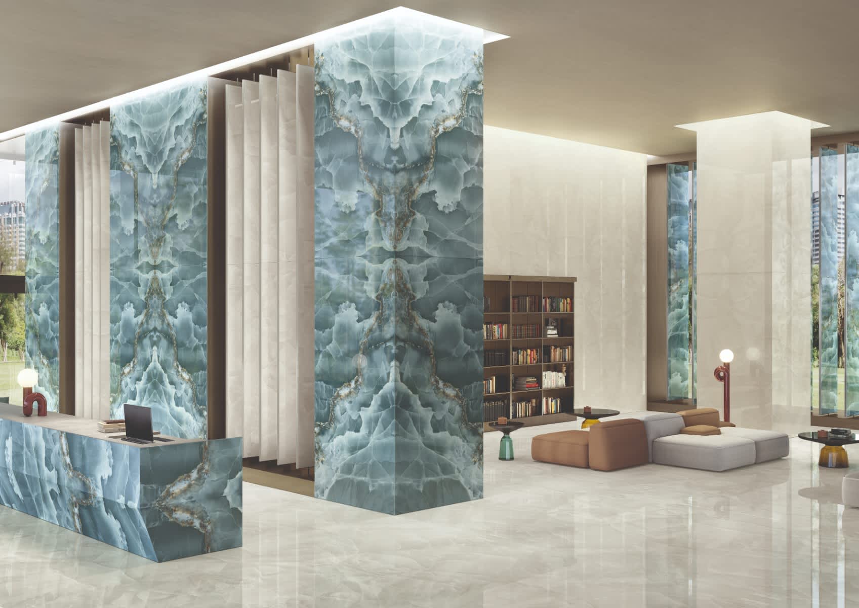 Level Porcelain Stoneware Onyx Green and Ivory BookMatch Slab in Lobby