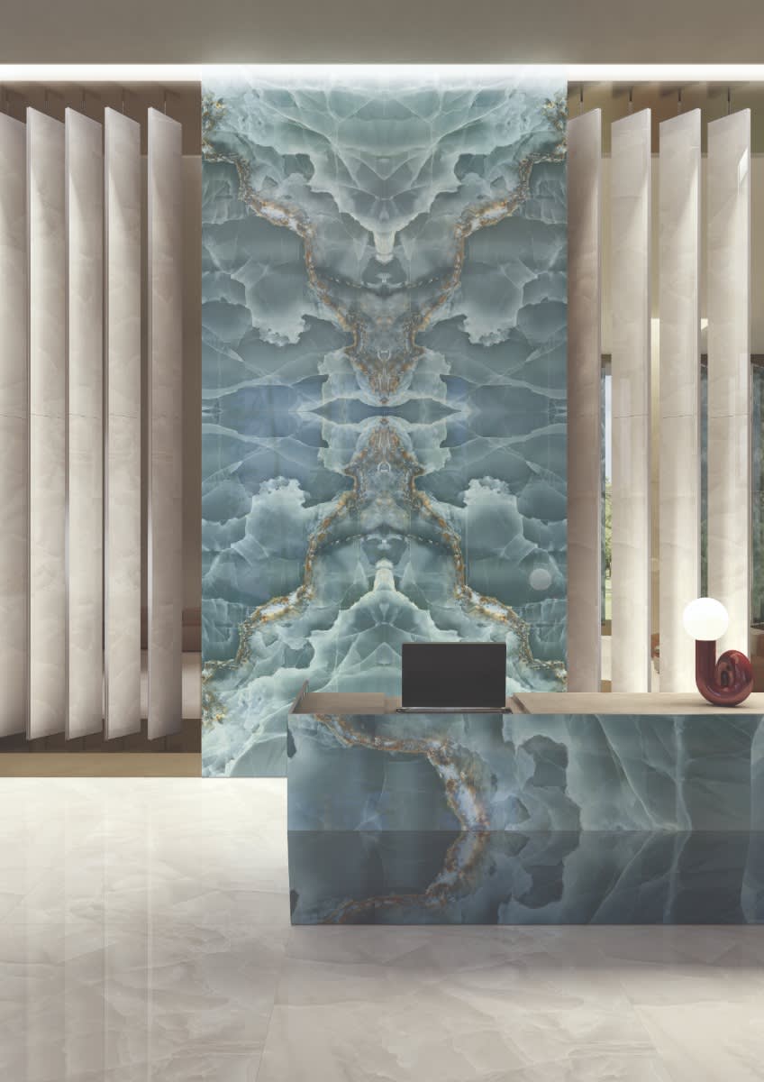 Level Porcelain Stoneware Onyx Green and Ivory BookMatch Slab Detail