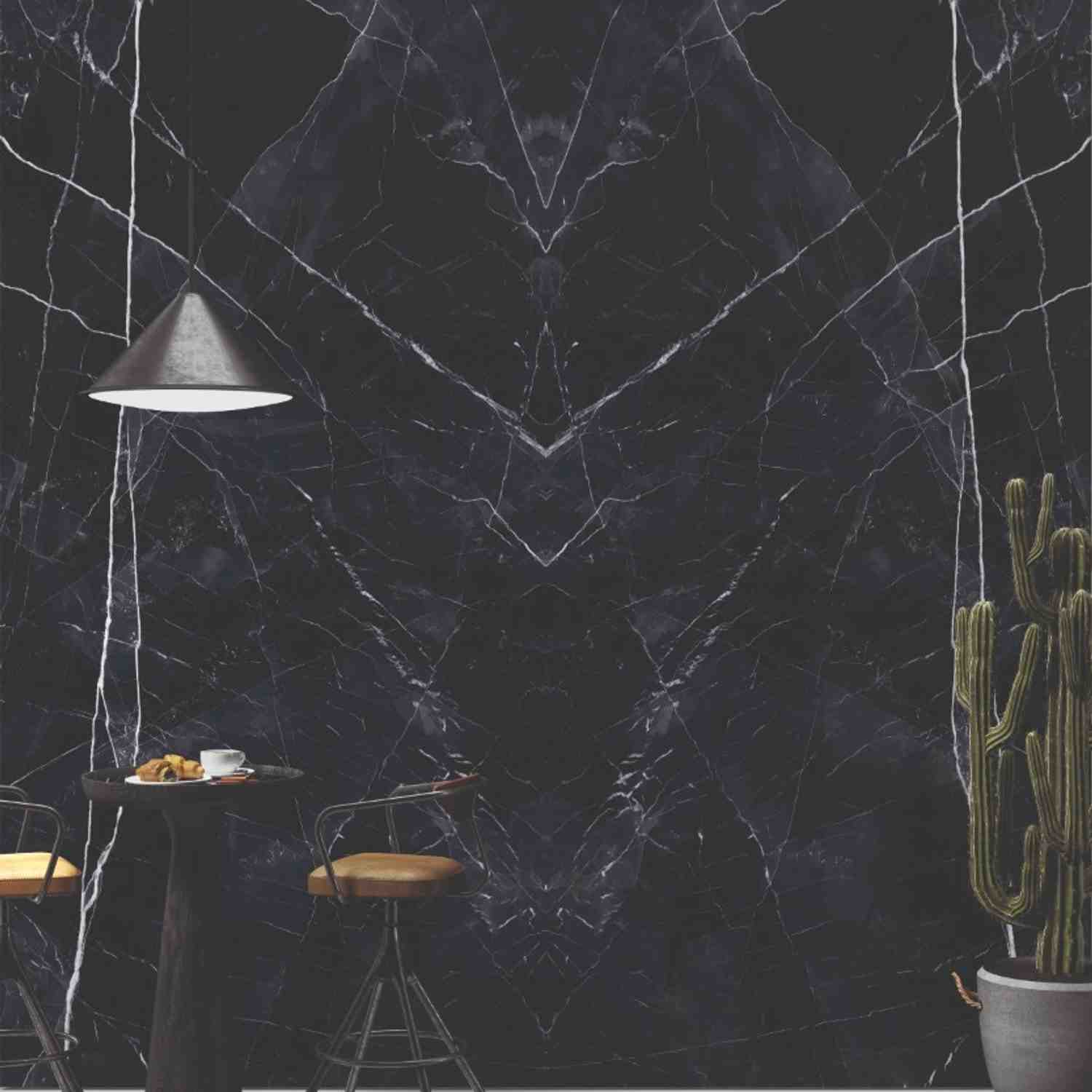Level Porcelain Stoneware Calacatta Black BookMatch Wall Slab with Veining