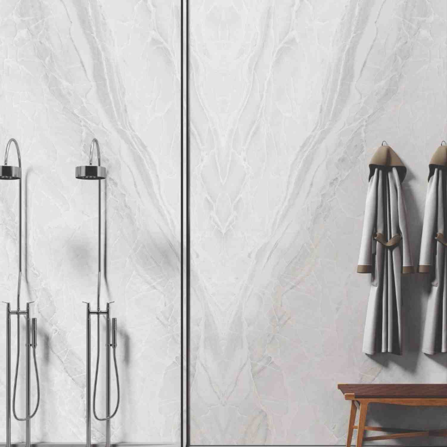 Level Porcelain Stoneware White Paradise BookMatch Wall Slab in Interior