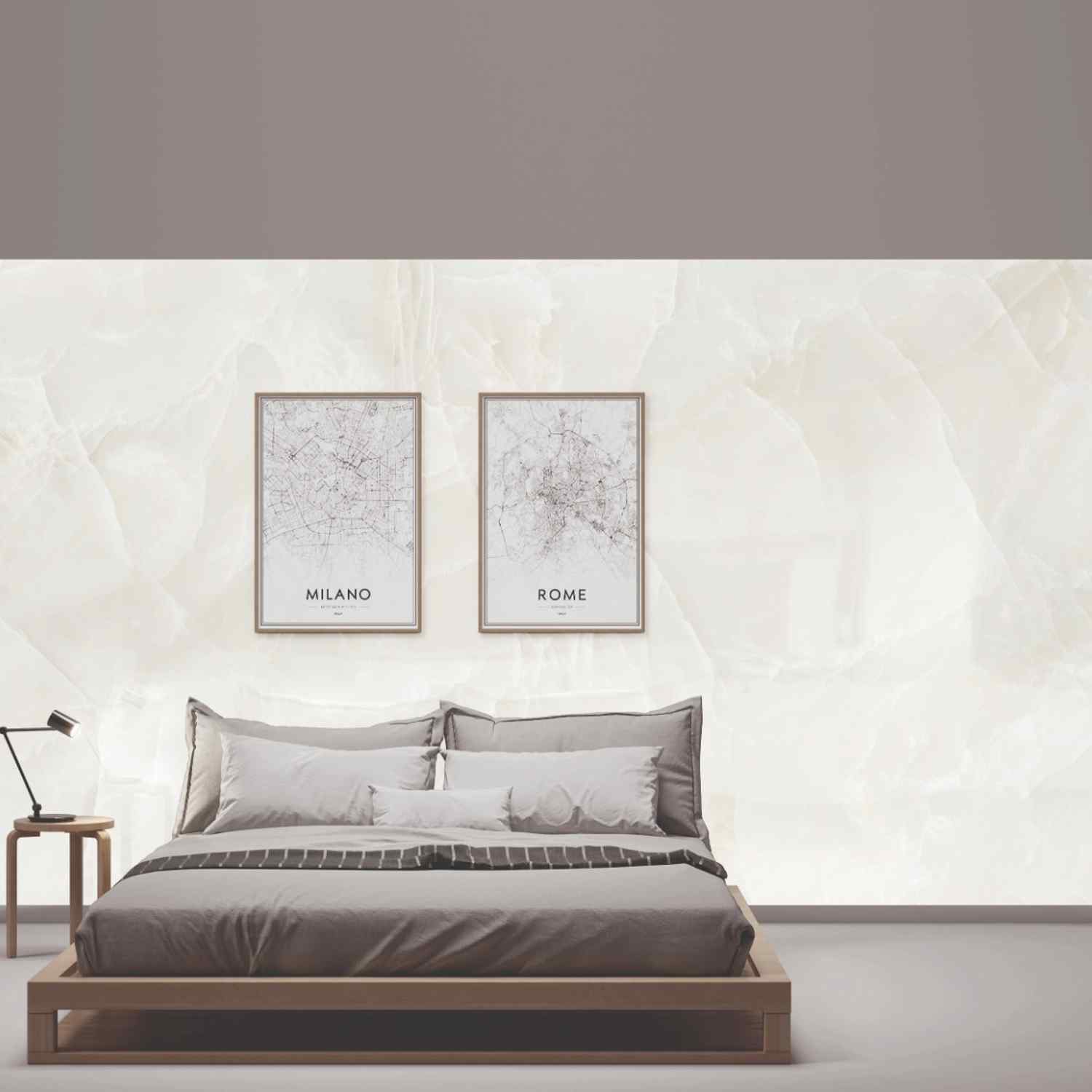 Level Porcelain Stoneware Onyx Ivory Slab Wall in Luxury Bedroom