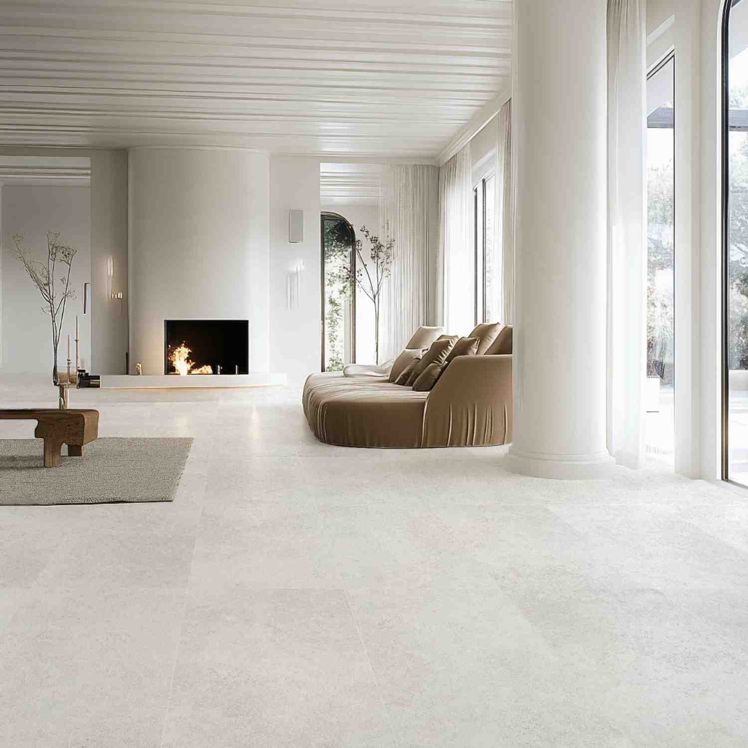 Overland Limestone ivory matte porcelain floor tiles in spacious living room with brown modular lounge seating, built-in fireplace, arched doorway, white paneled ceiling, and garden views