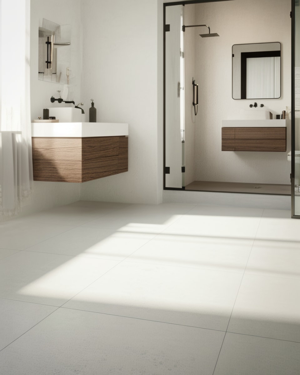 Overland Limestone ivory porcelain wall and floor tiles in modern bathroom with dual floating walnut vanities, white vessel sinks, black fixtures, glass shower enclosure, and black-framed mirror