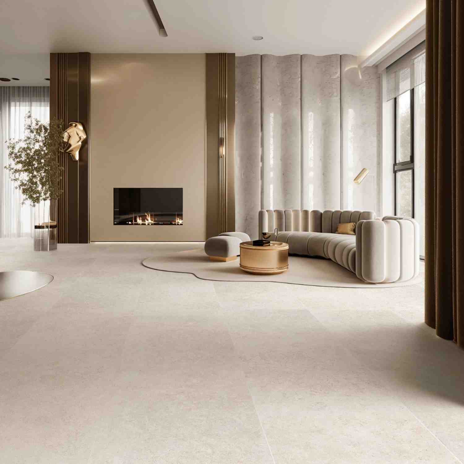 Overland Limestone taupe matte porcelain floor tiles in luxury living room with built-in fireplace, gold sculptural wall art, cream modular sofa, and sheer curtained windows
