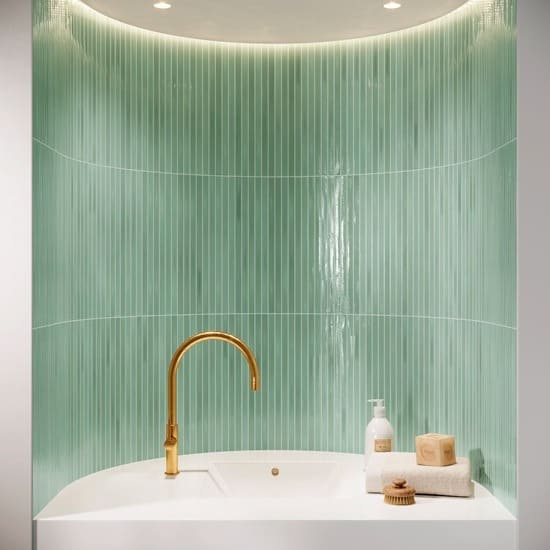 Long Stick Mosaic Ceramic Apple Glossy Wall Tile in Bathroom Setting