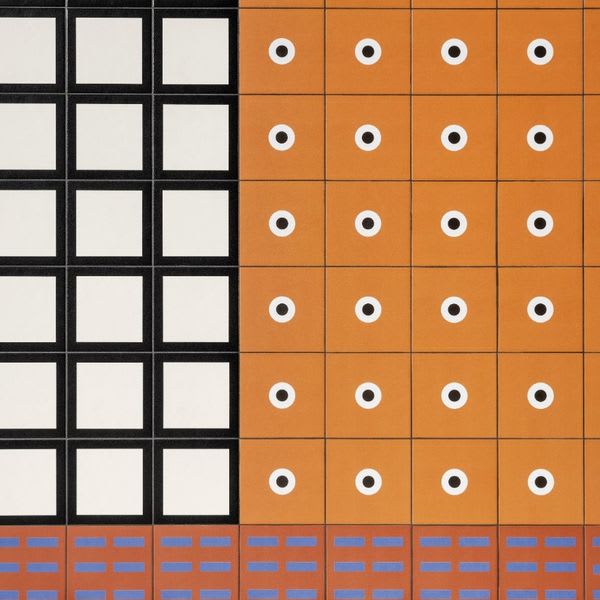 Mutina Margherita glazed porcelain stoneware graphic tiles overview showing black Petals pattern with white squares and terracotta Point pattern with white circles in grid layout