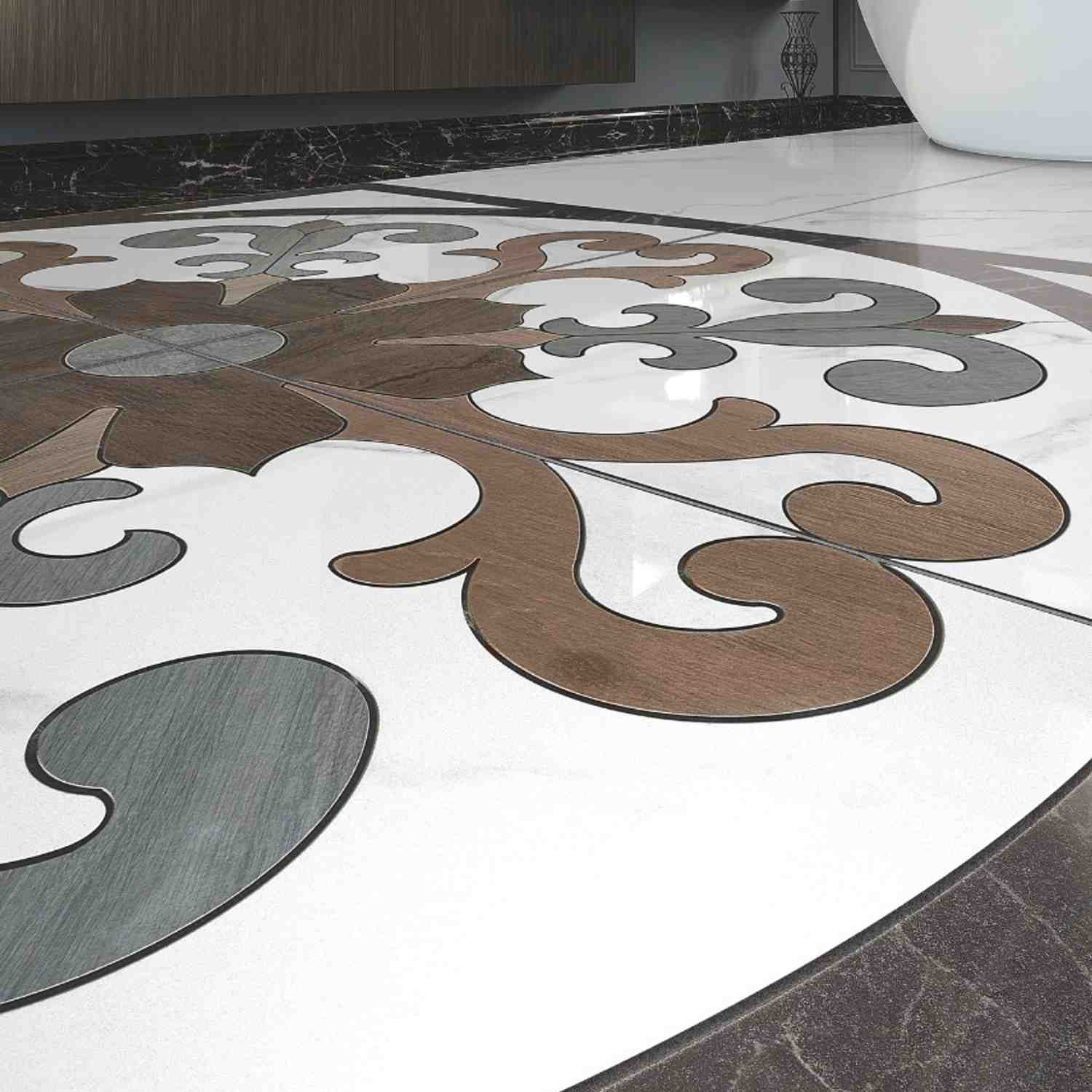 Casalgrande Marmoker decorative marble-look porcelain floor with ornate scrollwork inlay pattern in brown, grey, and white tones on Statuario white base with dark marble border