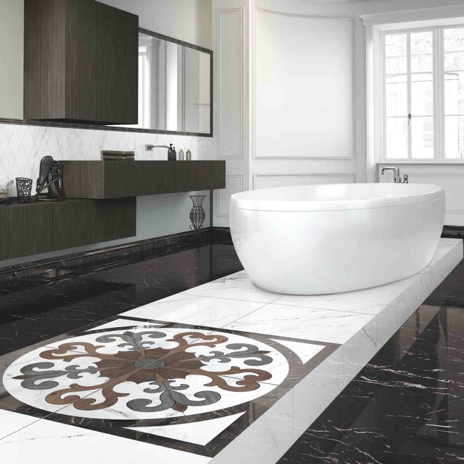 Casalgrande Marmoker Statuario white marble-look polished porcelain floor tiles in luxury bathroom with freestanding bathtub, Nero Marquinia dark accent walls, and walnut floating vanity
