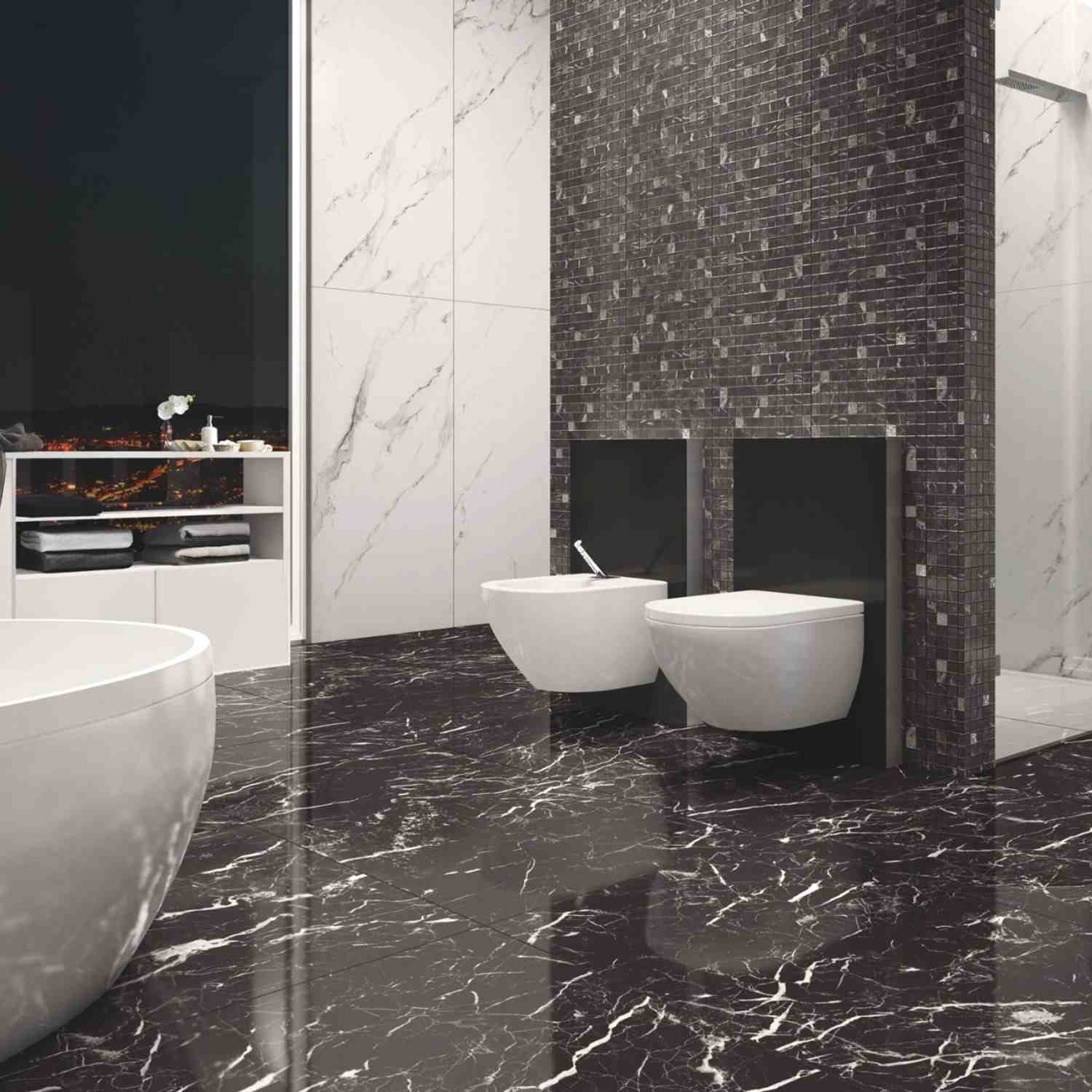 Casalgrande Marmoker Statuario white marble-look wall tiles with dark mosaic accent wall and Nero Marquinia floor tiles in luxury bathroom with wall-mounted fixtures and white storage unit
