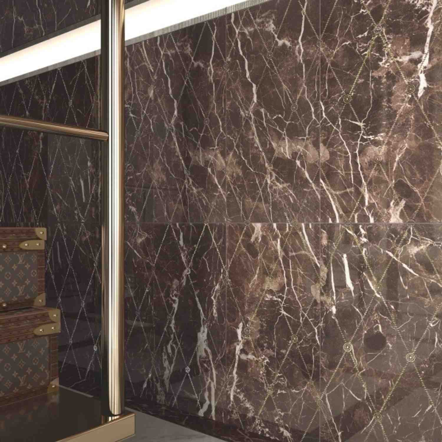 Casalgrande Marmoker Fior di Bosco dark brown marble-look polished porcelain wall tiles close-up showing dramatic white veining across large format slabs