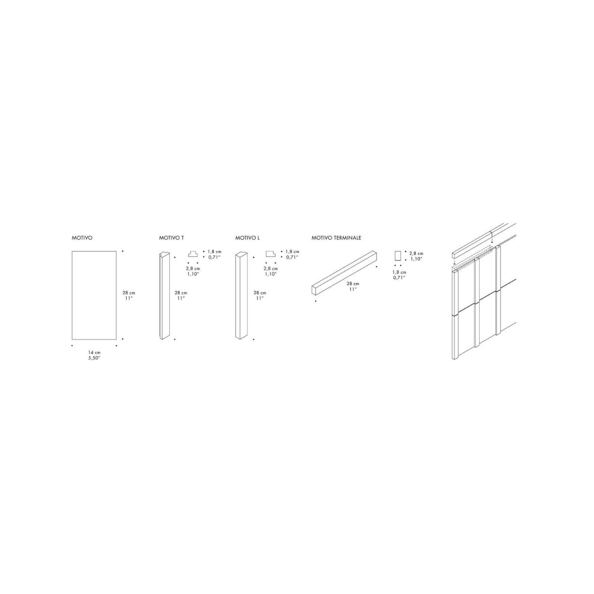 Motivo porcelain tile dimensions reference diagram showing field tile and trim profile measurements with installation cross-section detail