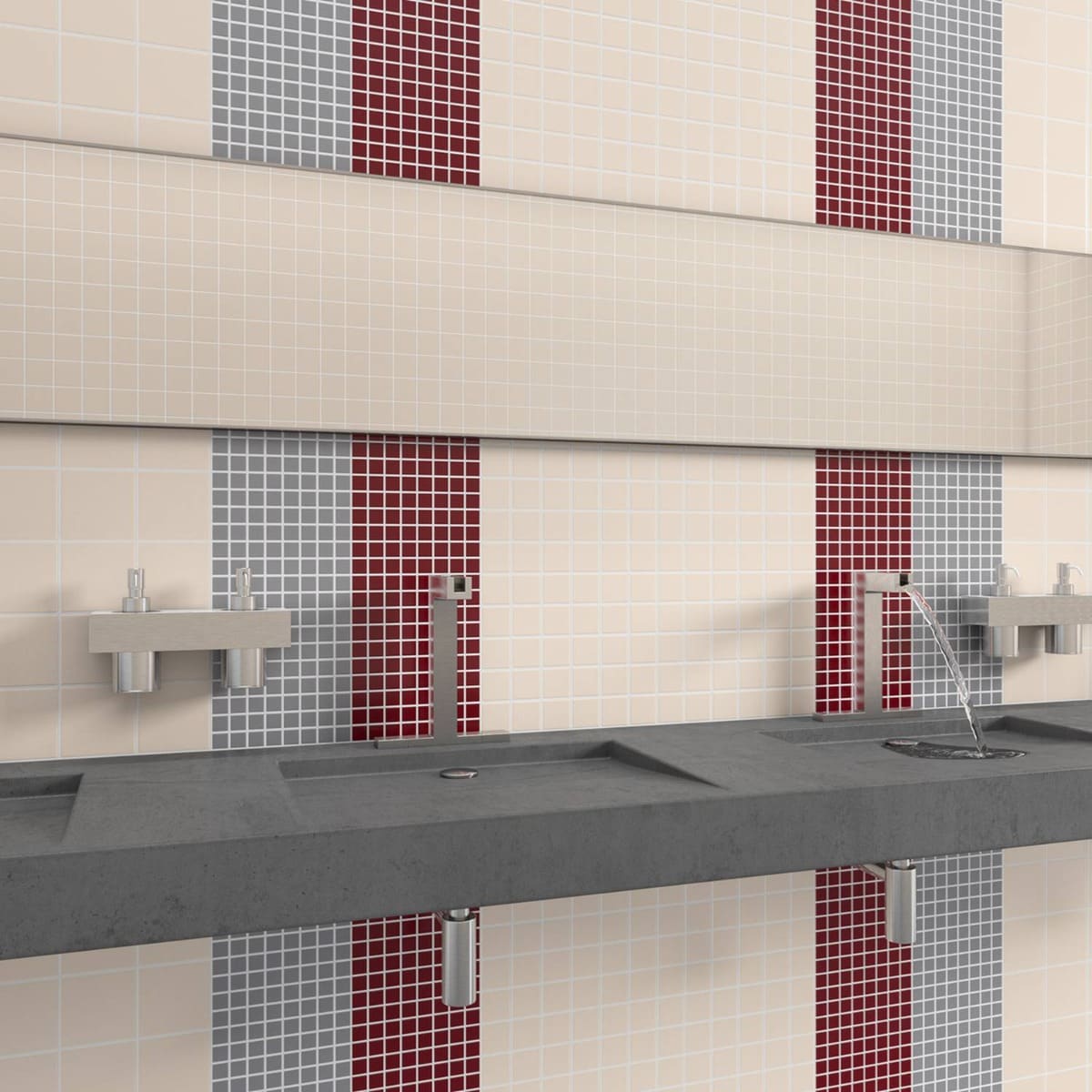 burgundy and cream mosaic porcelain tile behind washroom sinks