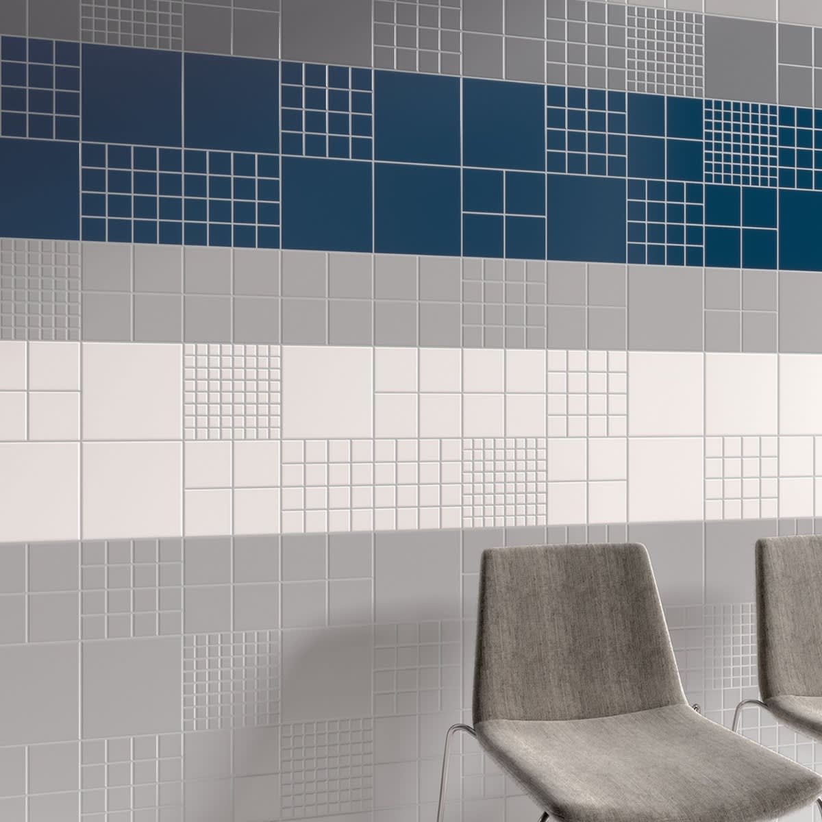 multi color porcelain mosaic tile in blue greay and white tones
