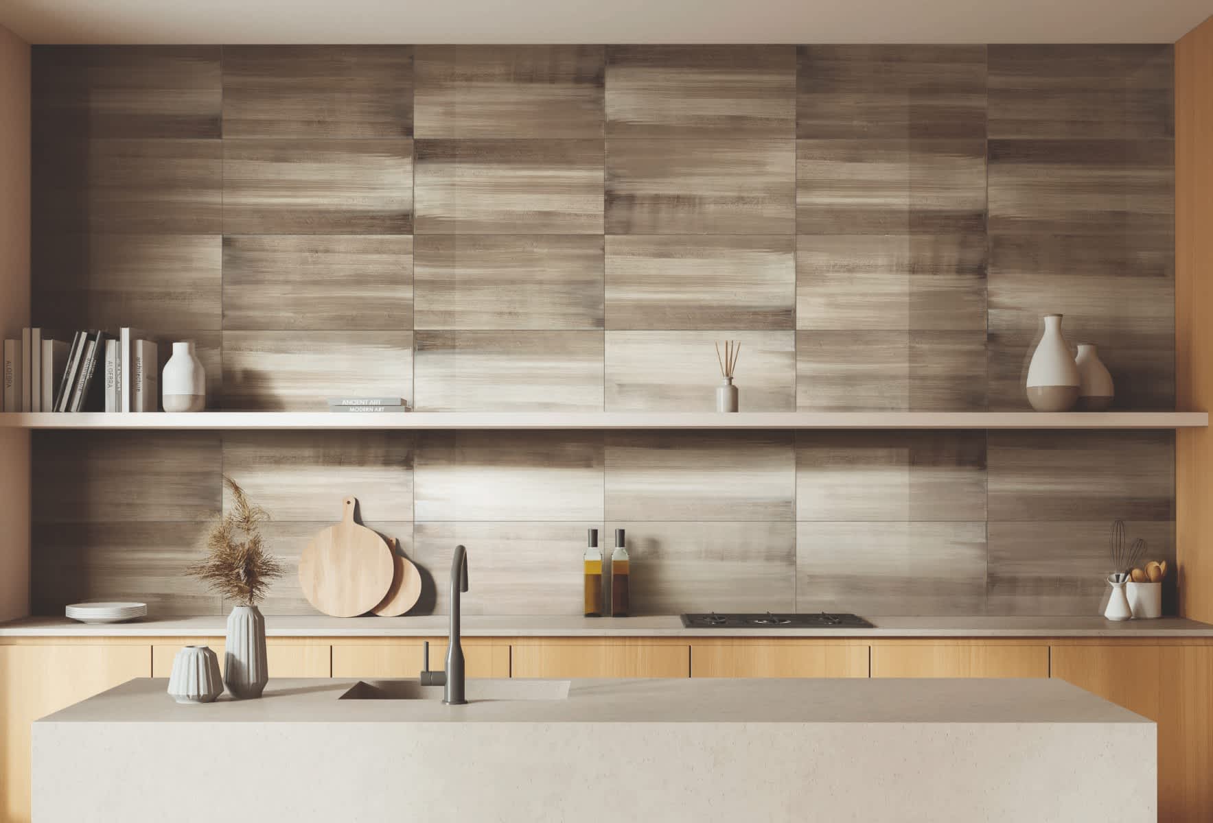 +ONE porcelain tile in greige with polished finish in modern kitchen