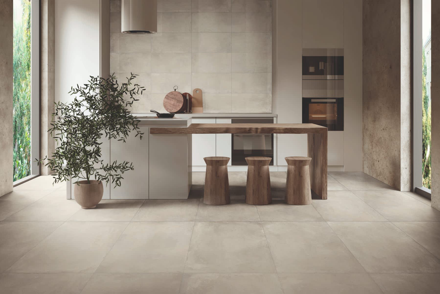 +ONE large format porcelain tile in chalk matte finish in open kitchen