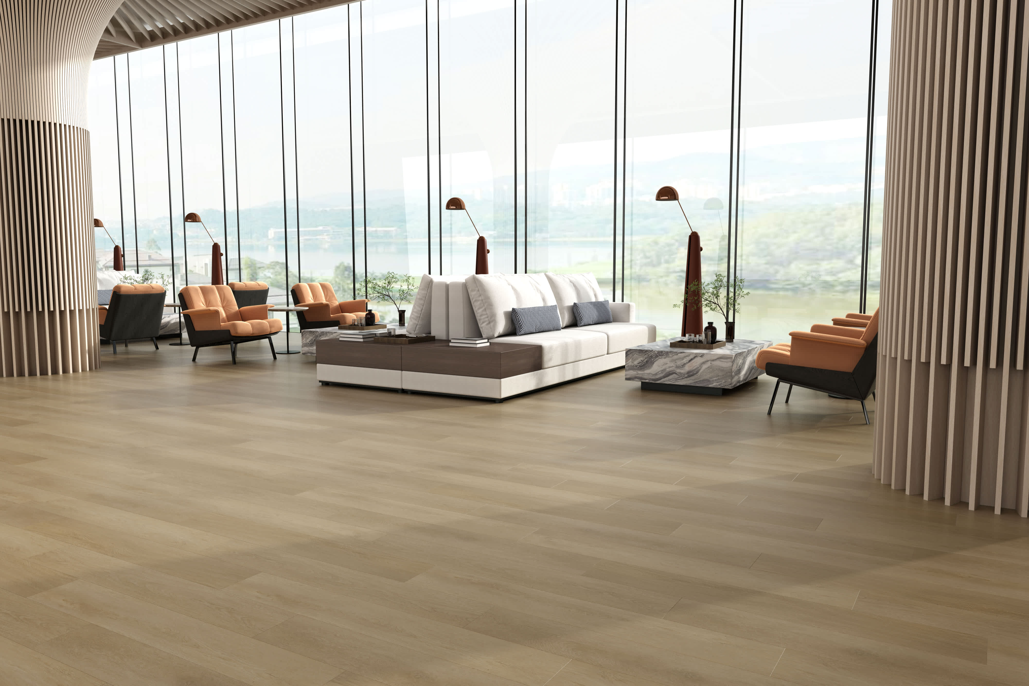Stern Port vinyl flooring in warm golden tan, laid in a glass-walled lounge with slatted columns and a white sofa
