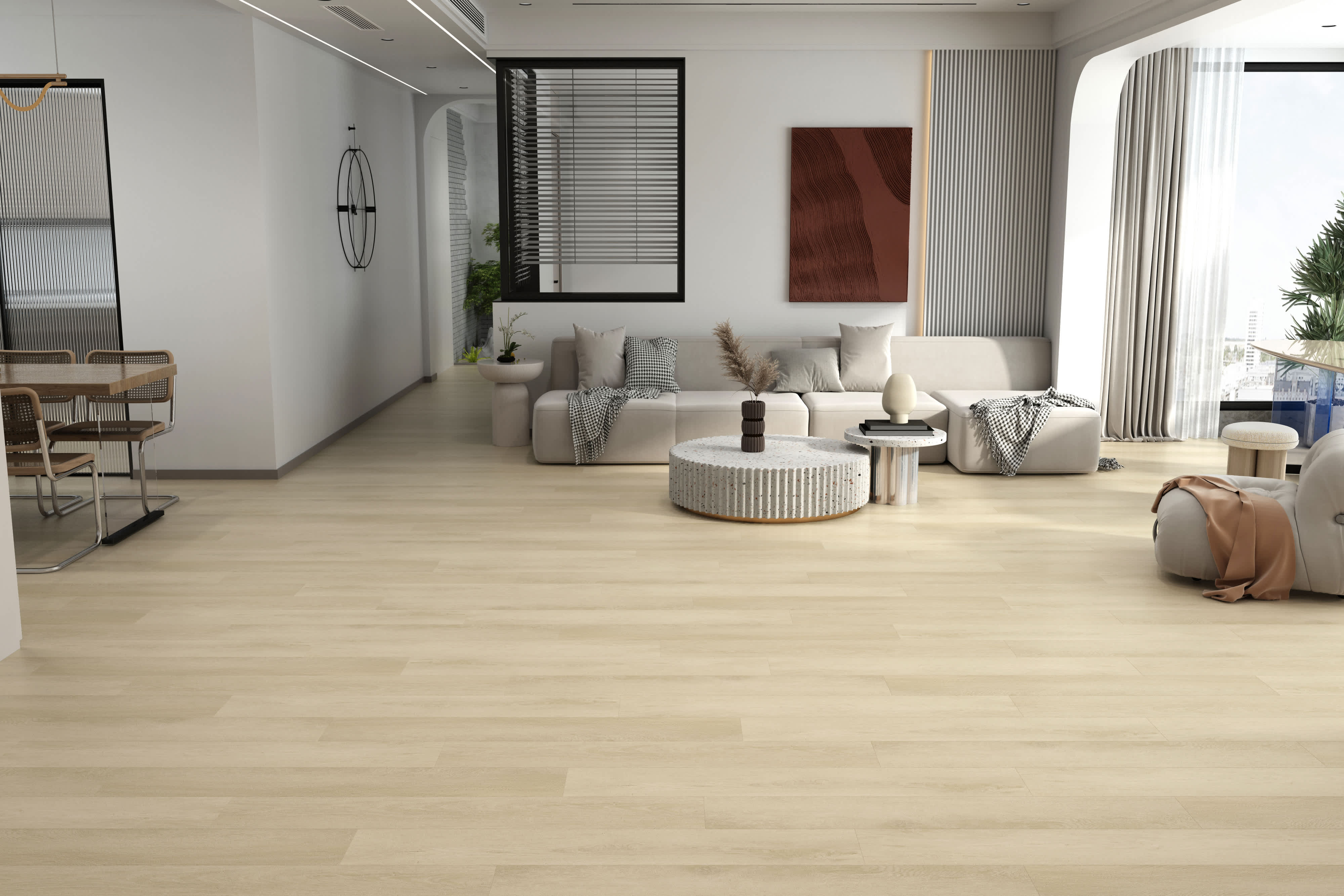 Pale cream Bow planks from Port vinyl flooring run through a bright living room with white sofas and a terracotta artwork