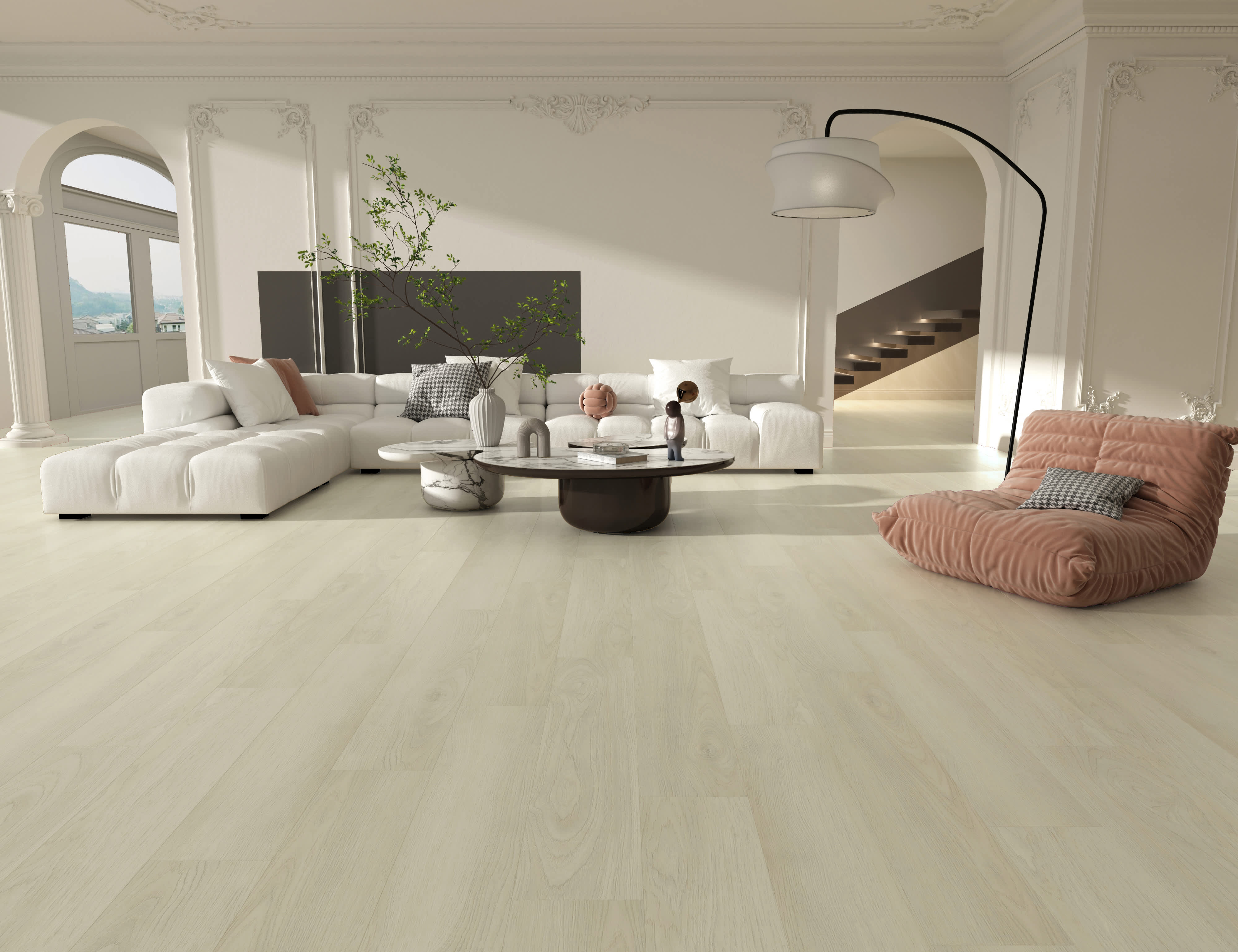 Helm Port vinyl flooring in pale whitewashed greige, laid in a panelled living room with arched doorways and an arc lamp