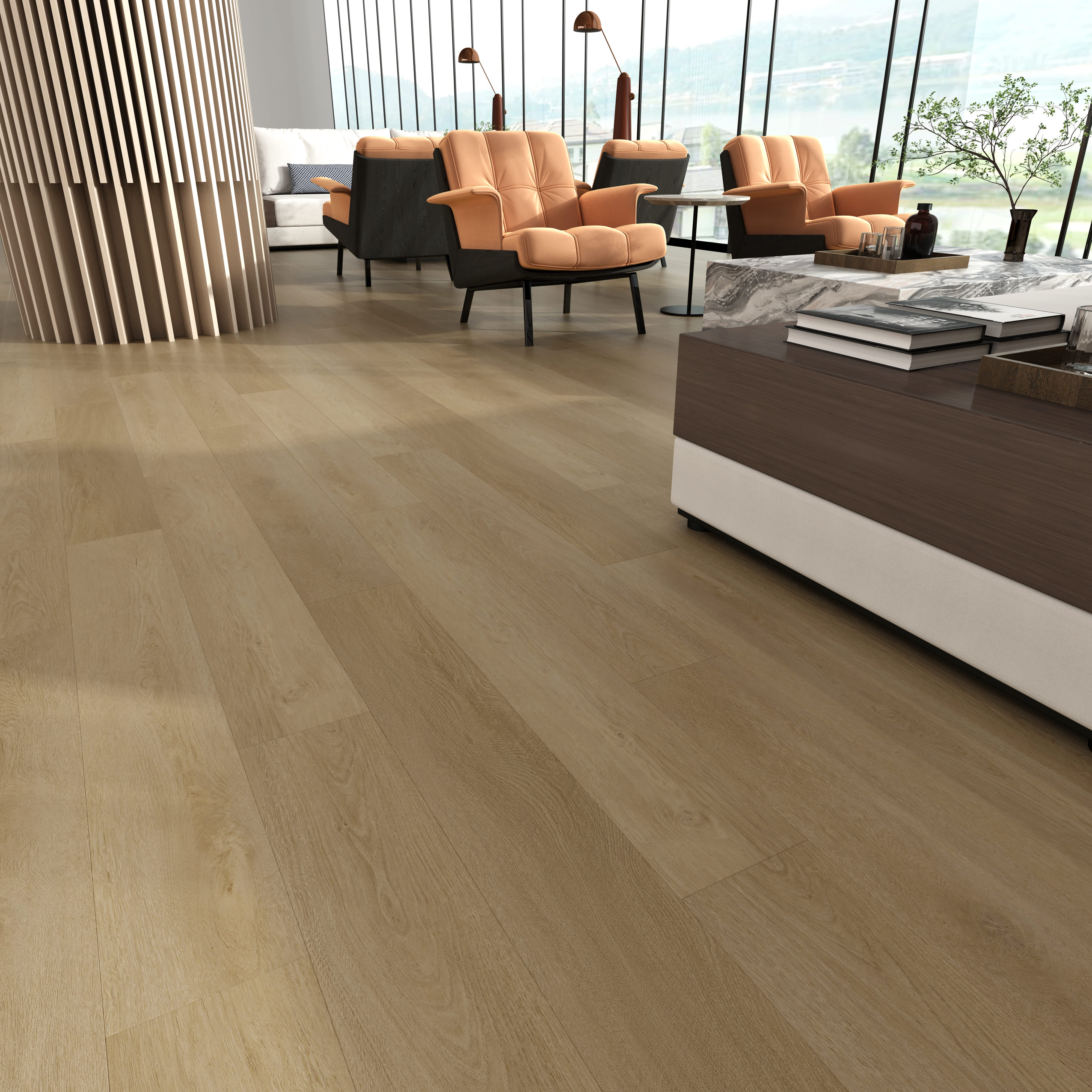 Port vinyl flooring in Stern, warm golden-tan wood-look planks in a lounge with orange armchairs and a wood counter