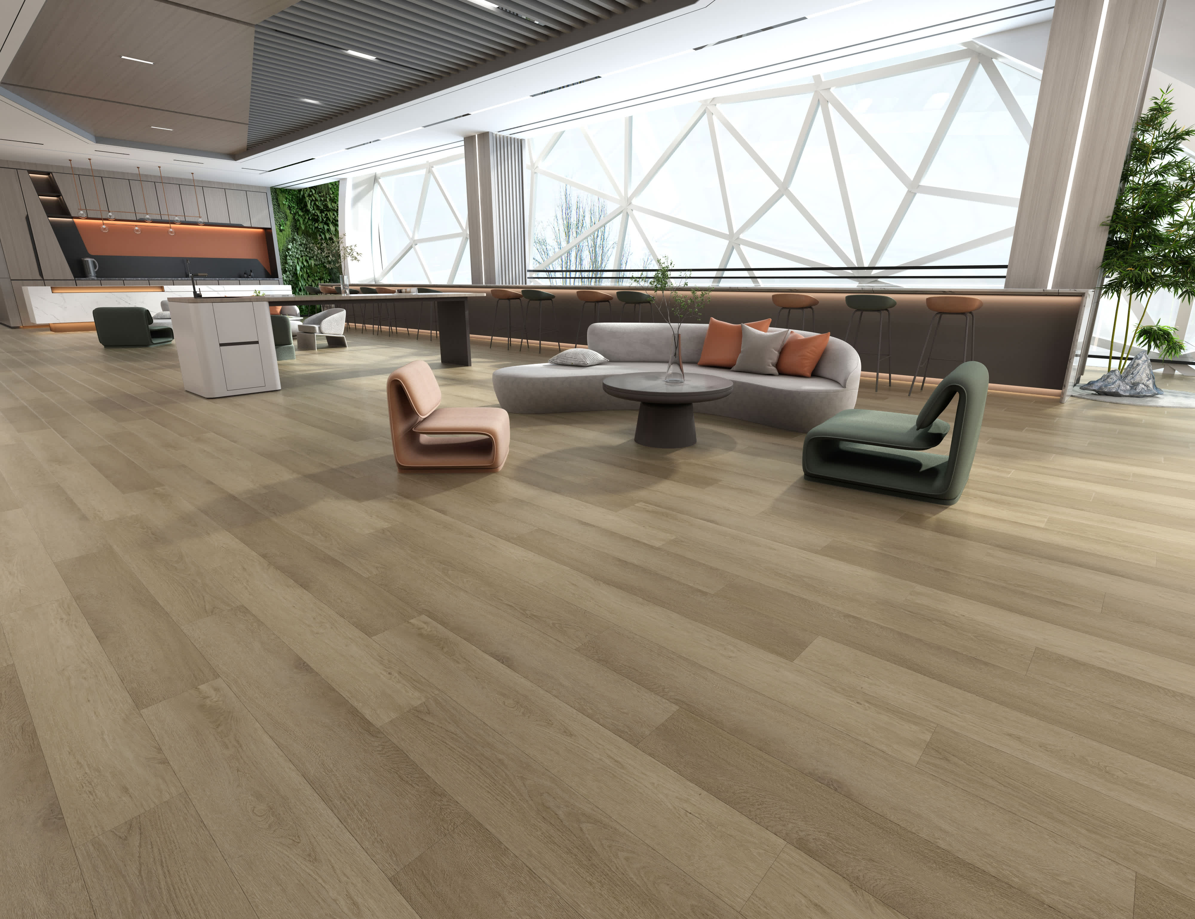 Starboard Port vinyl flooring in tan-greige, installed across a lounge with geometric windows and colourful chairs