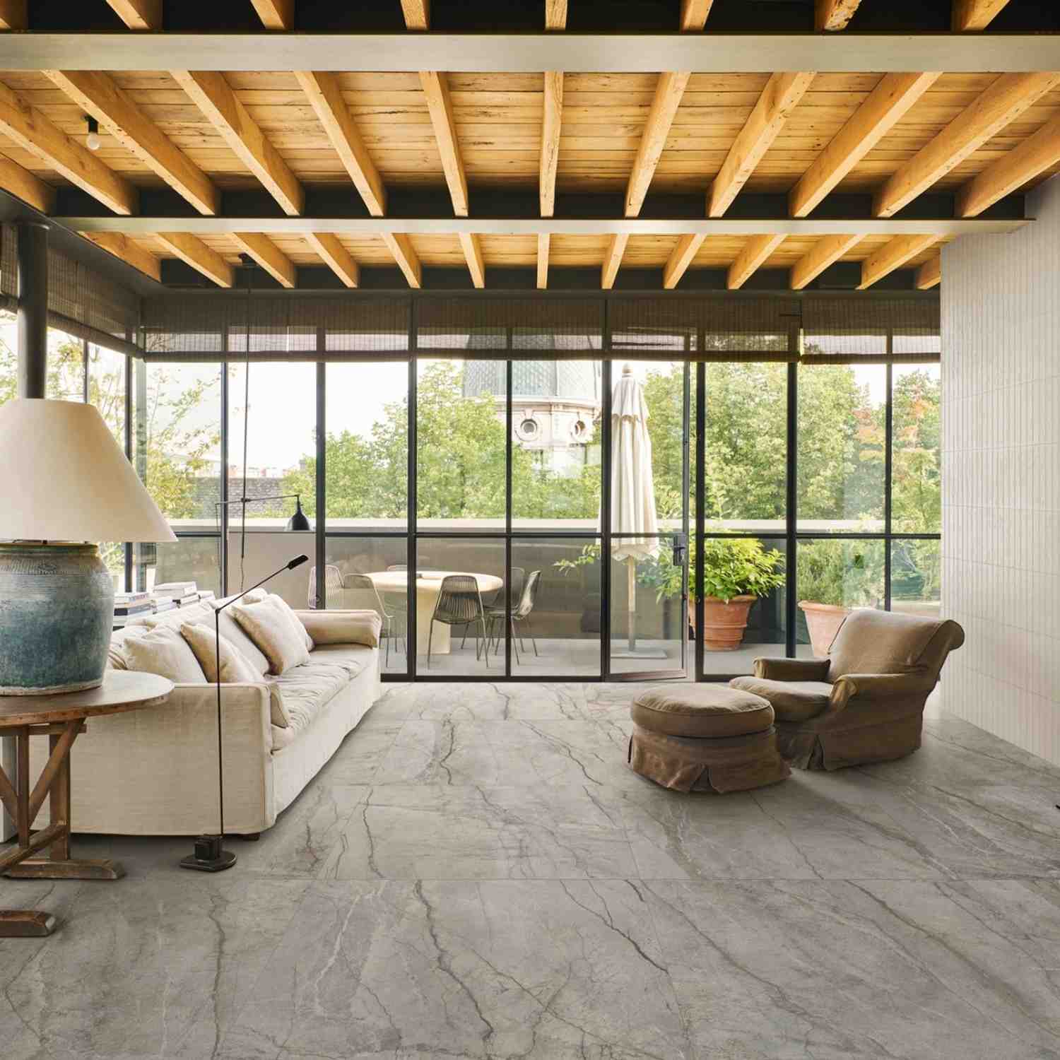 Silver Root Beige Marble-Look Porcelain Tile Dining Room Setting