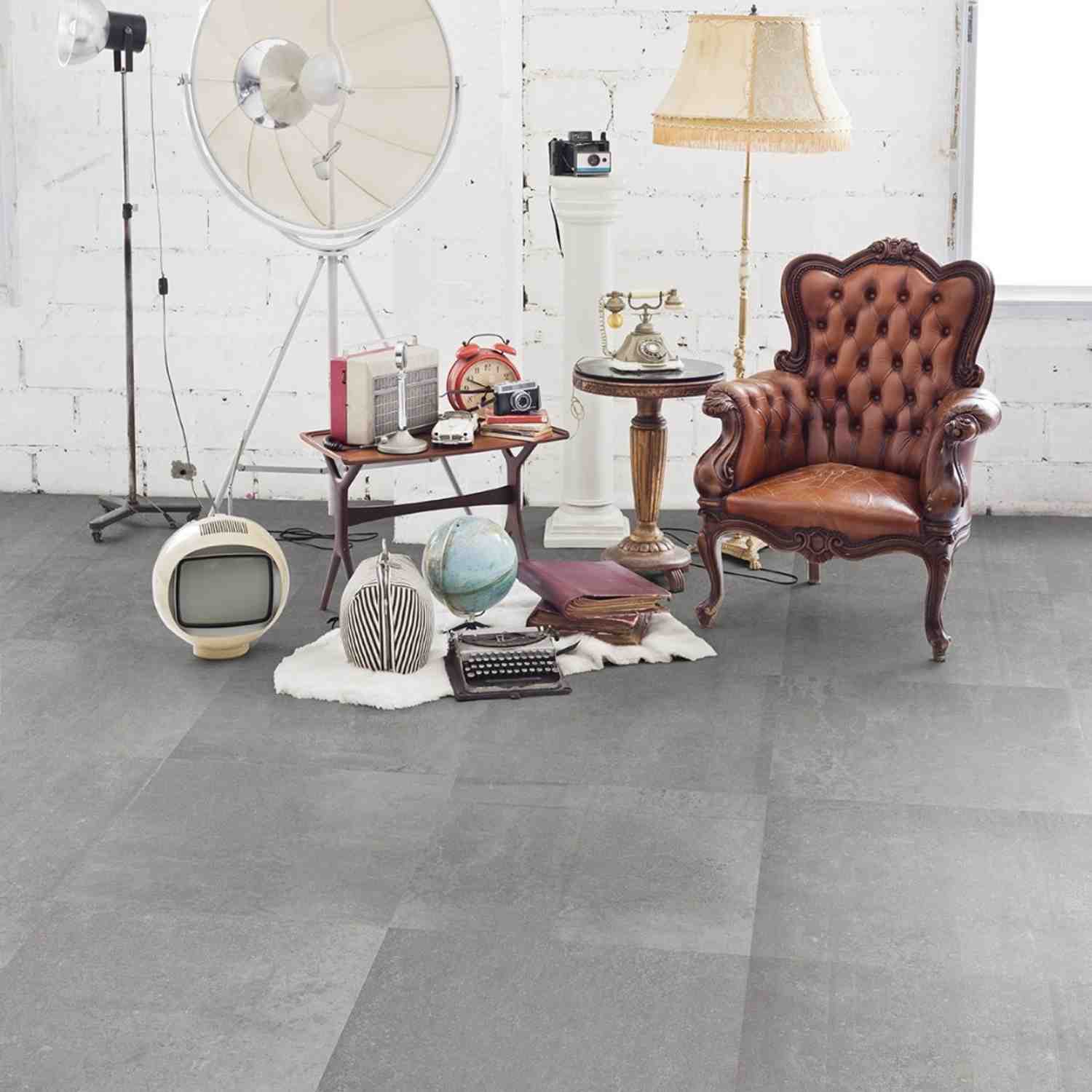 Stone Design Ash Porcelain Floor Tile in Vintage Styled Living Room