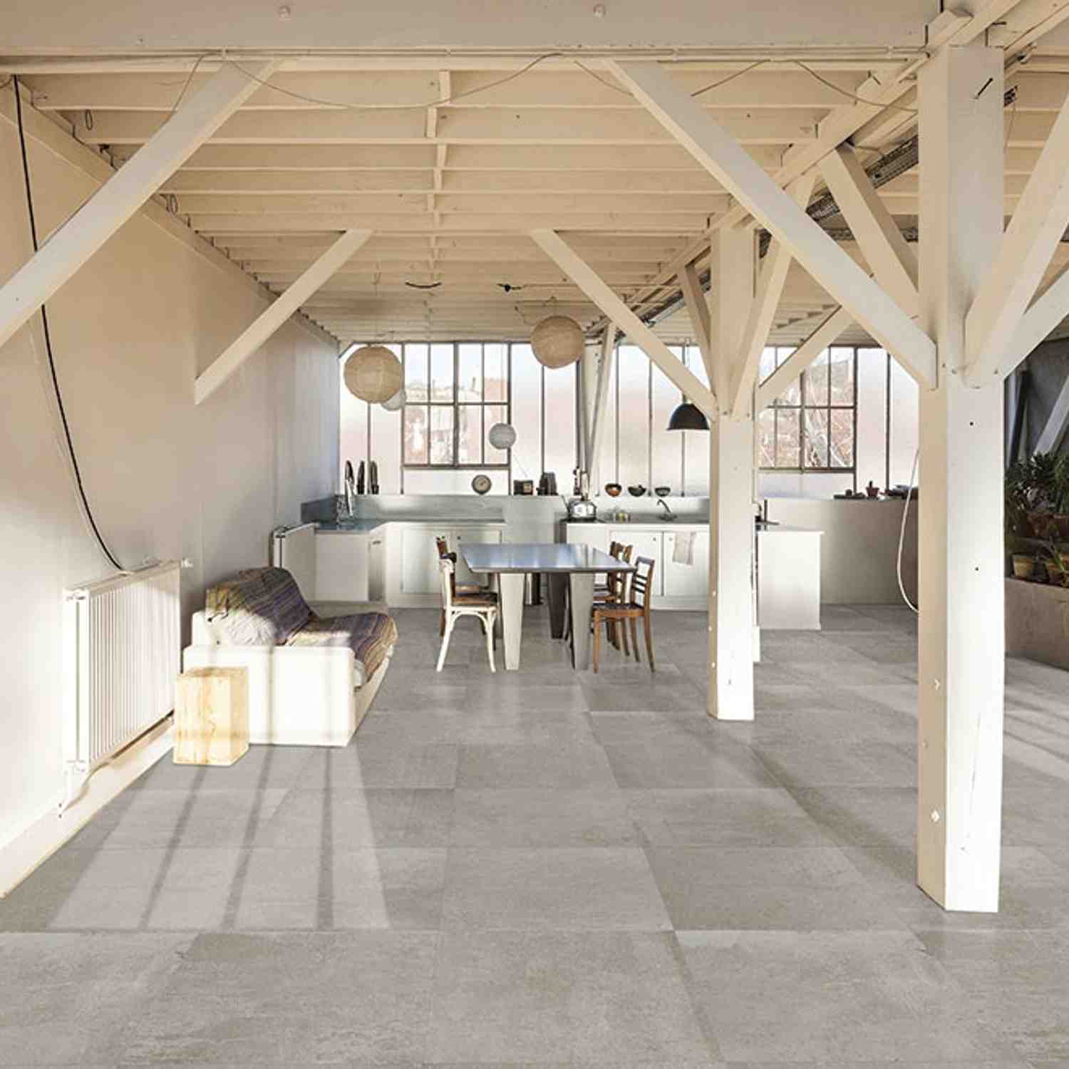 Stone Design Chalk Porcelain Floor Tile in Loft Kitchen Dining Space