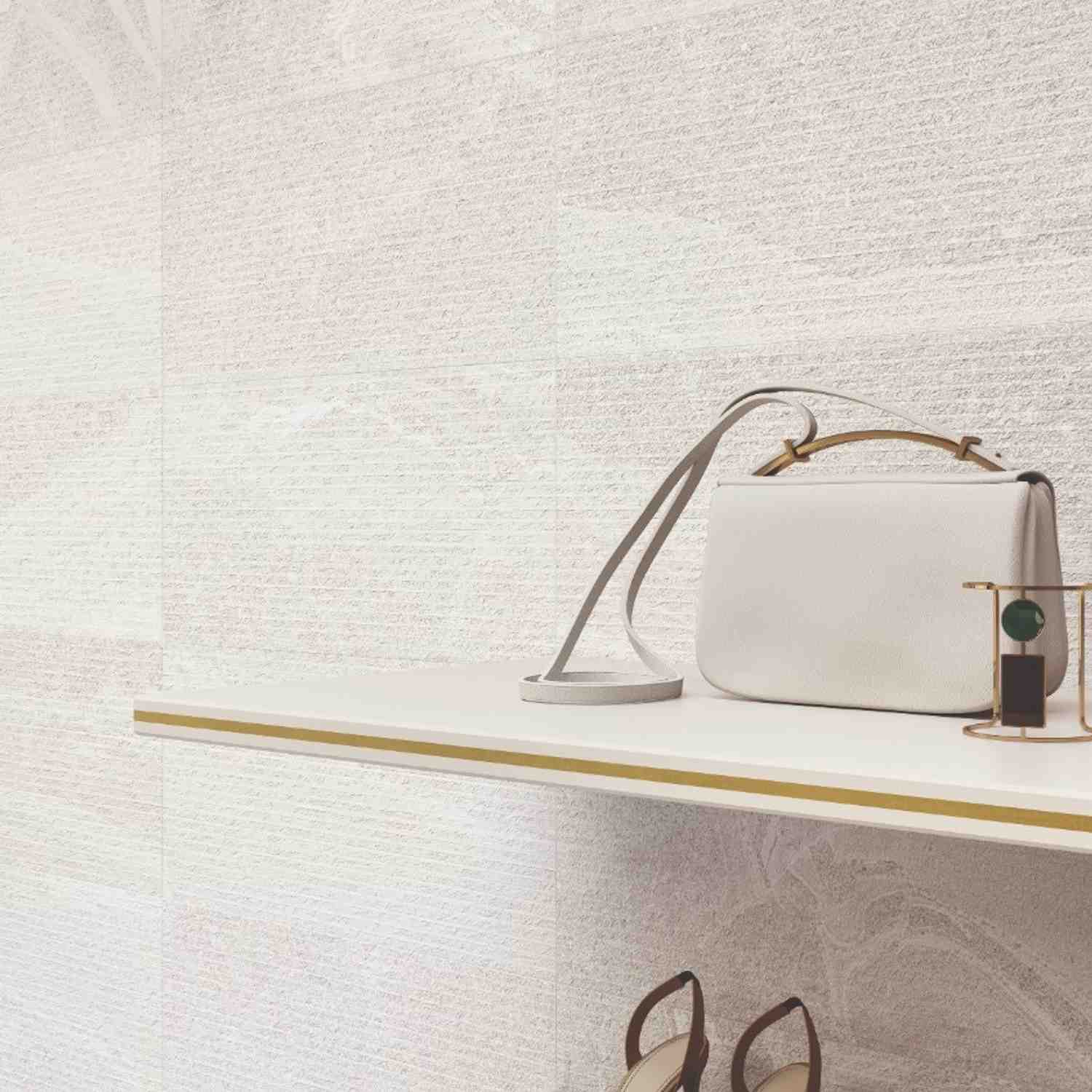 Stonehenge White Porcelain Wall Tile with Line Pattern in Retail Space
