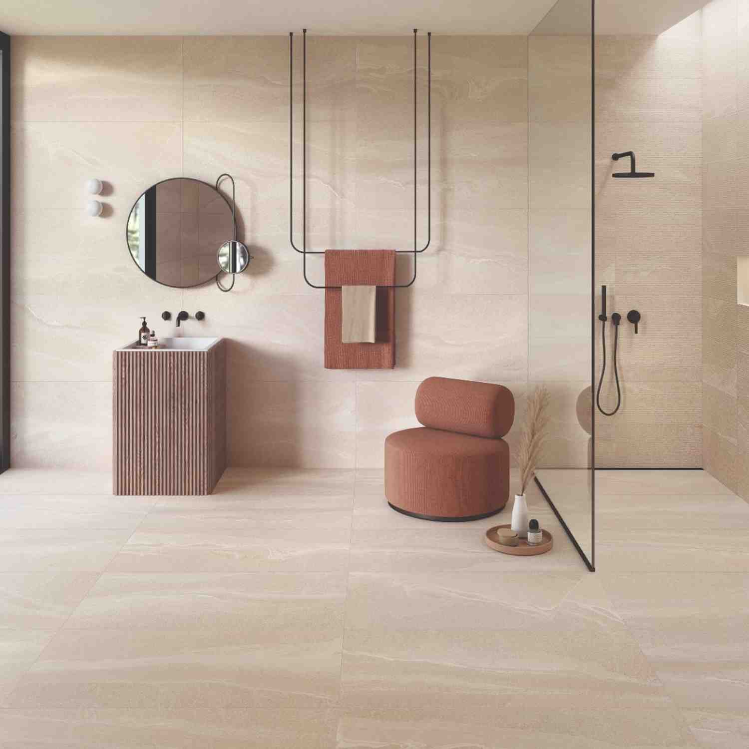 Stonehenge Ivory Porcelain Floor and Wall Tile in Modern Bathroom