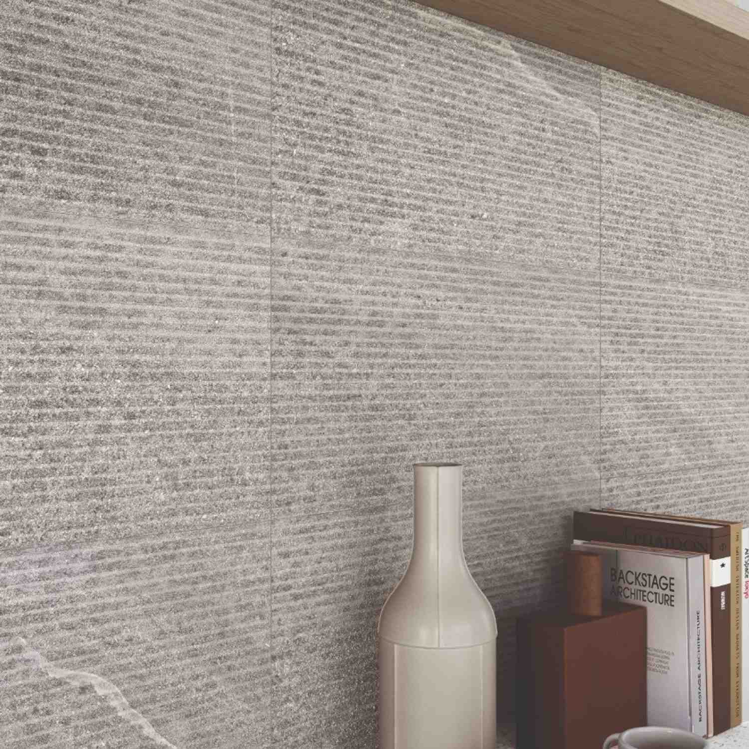 Stonehenge Grey Porcelain Wall Tile with Line Detail in Kitchen