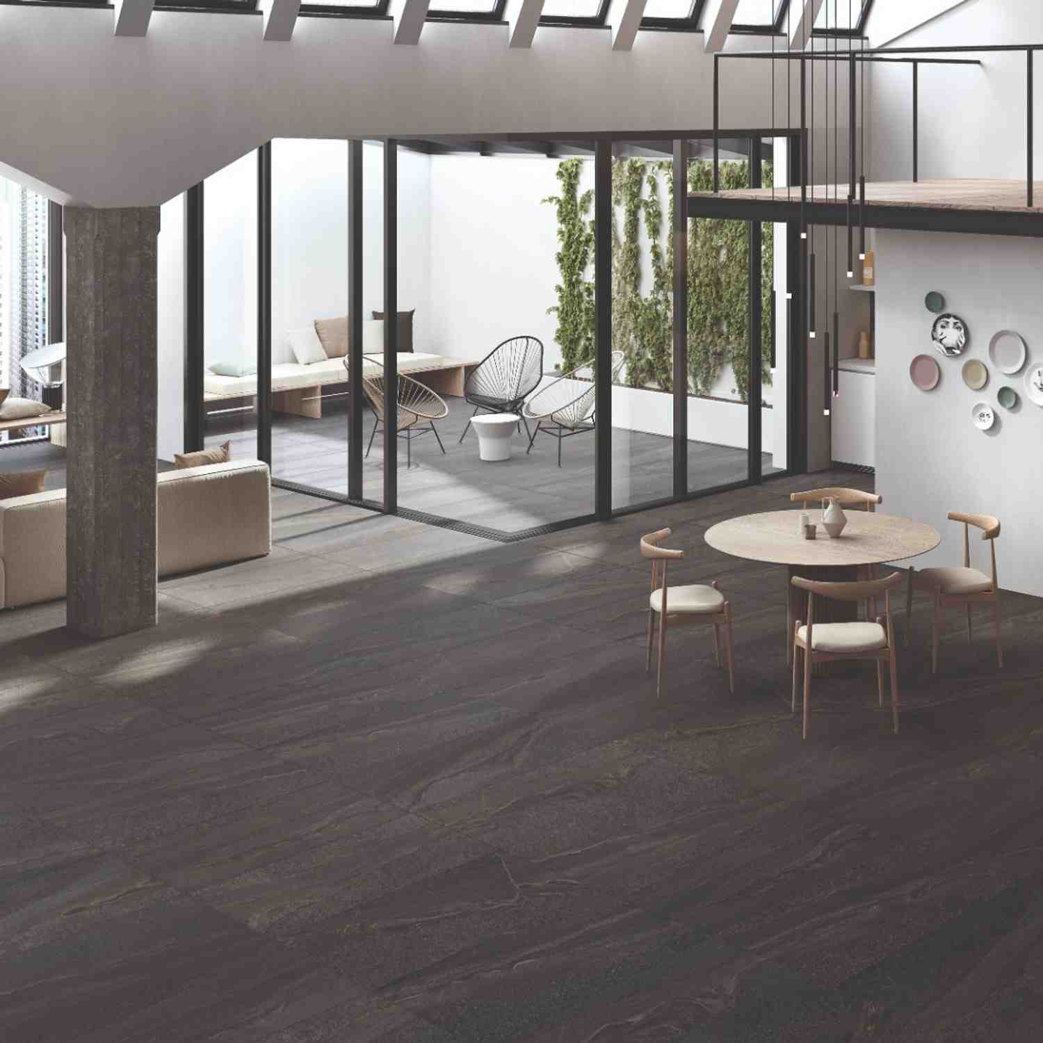 Stonehenge Anthracite Porcelain Tile with Line Accent in Industrial Loft