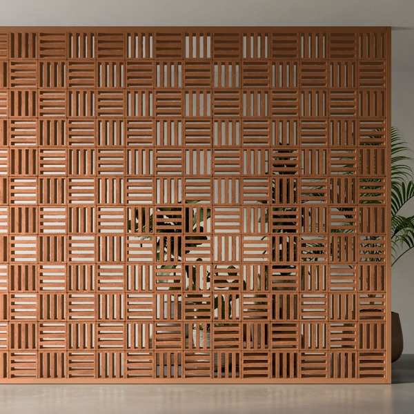 Mutina Tally extruded terracotta screen wall thumbnail showing alternating Narrow and Wide module patterns in natural Argilla finish with tropical greenery