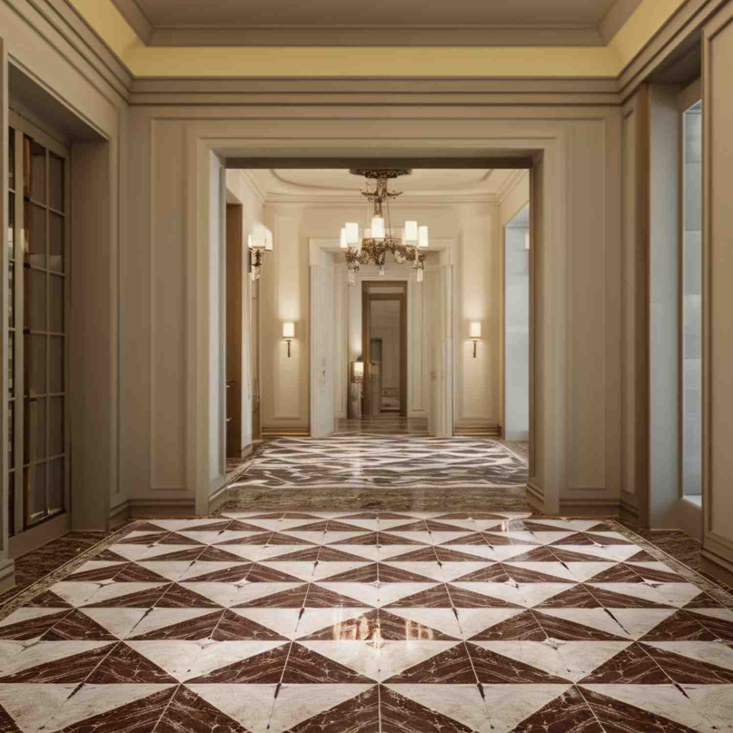 Triangle Marble brown and white diamond pattern marble tile installed as flooring in an elegant hallway with chandeliers and classic wainscoting
