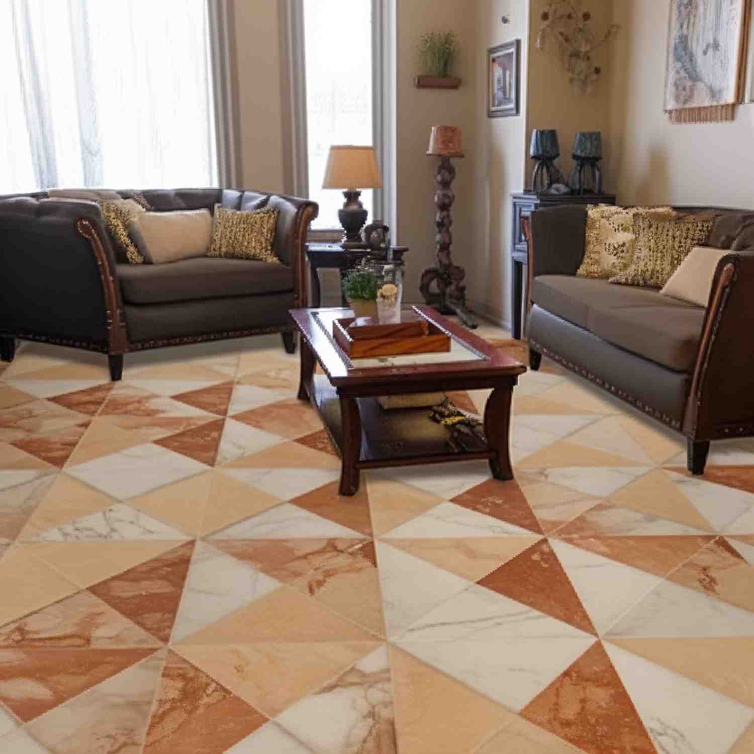 Triangle Marble warm beige and brown triangle pattern marble tile installed as flooring in a traditional living room with classic furniture