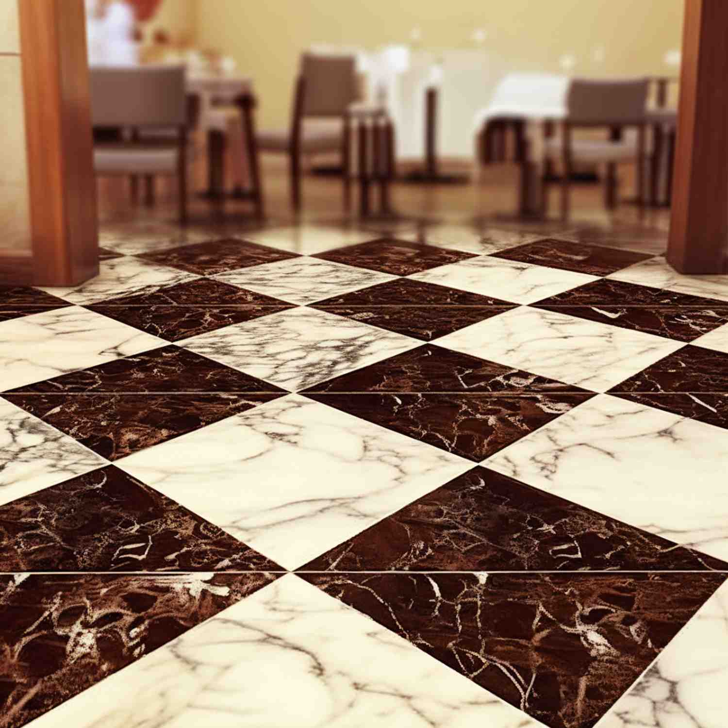 Triangle Marble brown and white checkered diamond pattern marble tile installed as flooring in a restaurant dining area