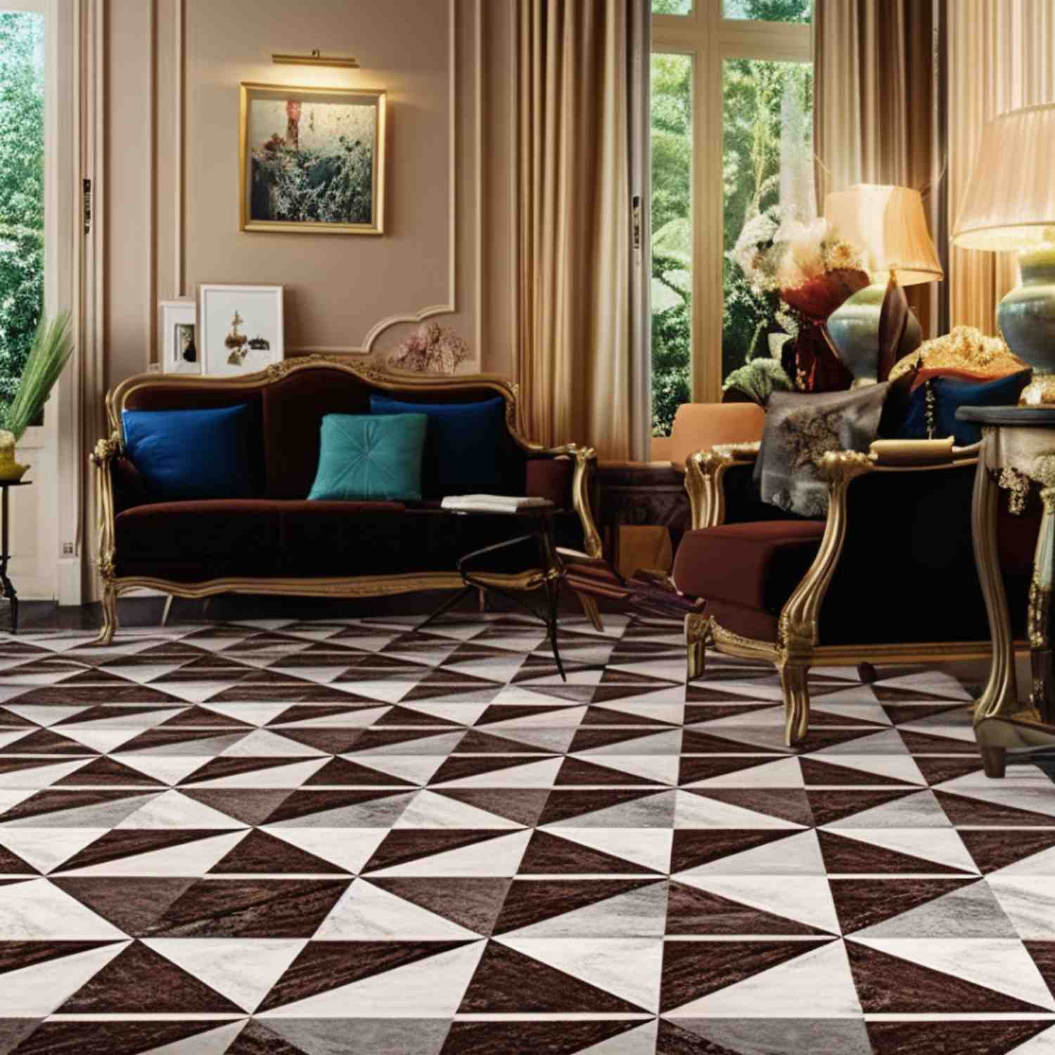 Triangle Marble black and white diamond pattern marble tile installed as flooring in a luxurious living room with ornate gold-framed furniture