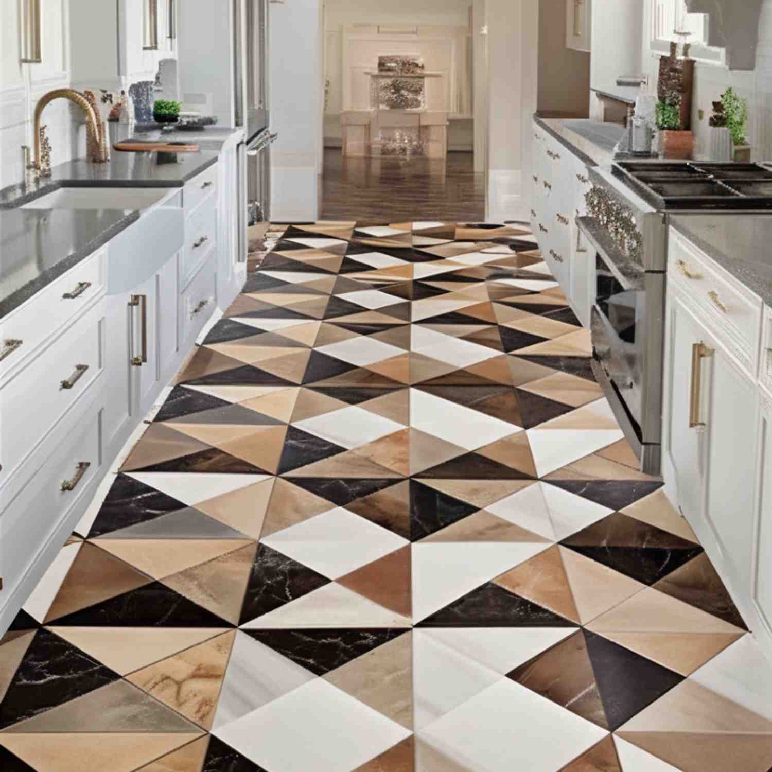 Triangle Marble multi-colored geometric triangle pattern marble tile in black, brown, and white installed as kitchen flooring with white cabinetry
