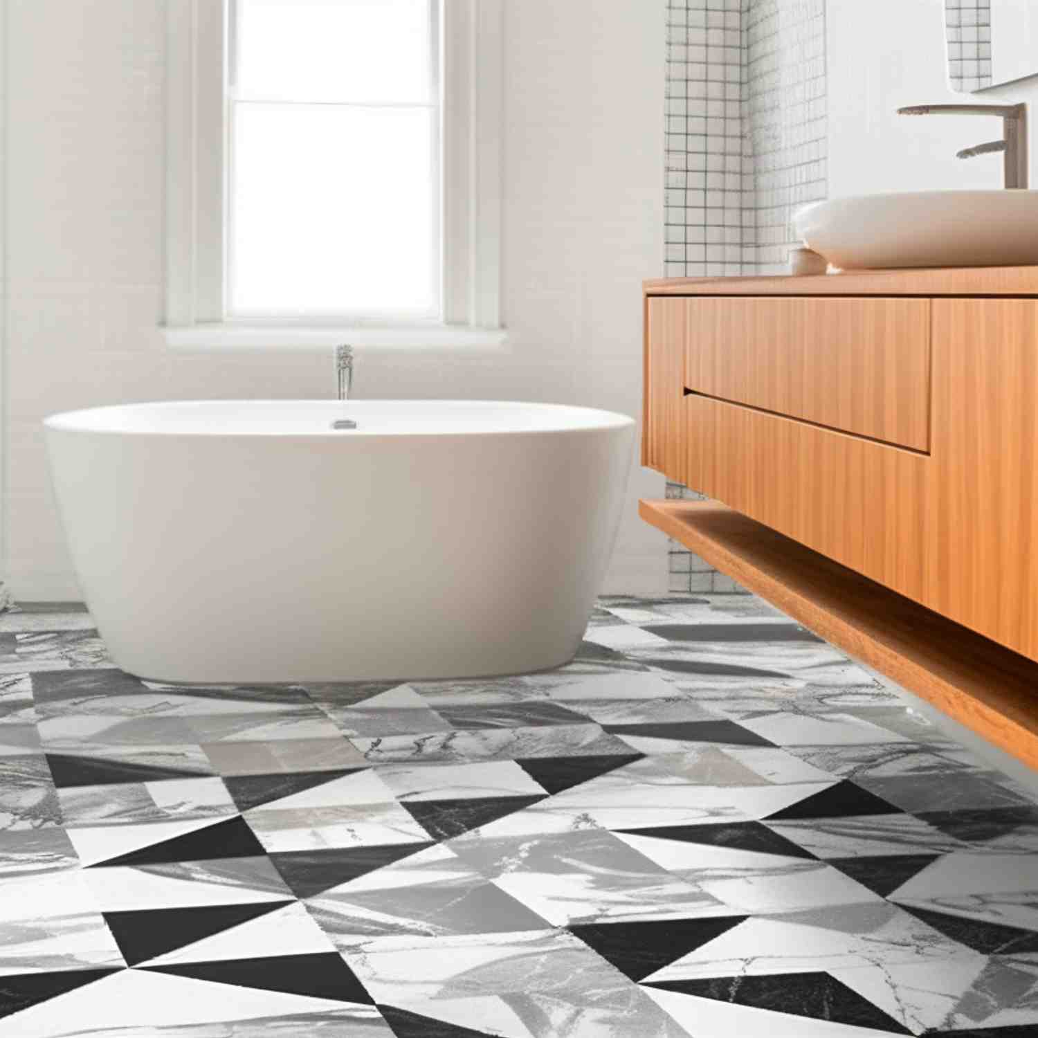 Triangle Marble black and gray geometric triangle pattern marble tile installed as bathroom flooring with freestanding bathtub and wooden vanity