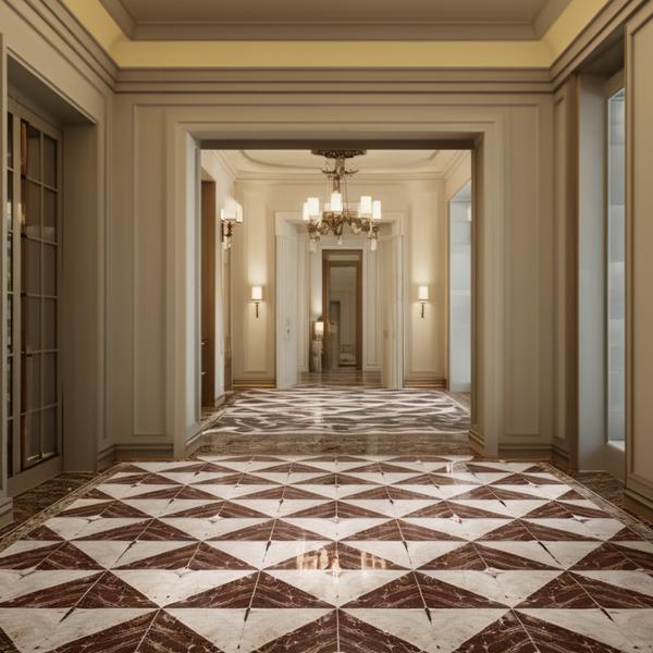 Triangle Marble brown and white diamond pattern marble tile installed as flooring in an elegant hallway with chandelier