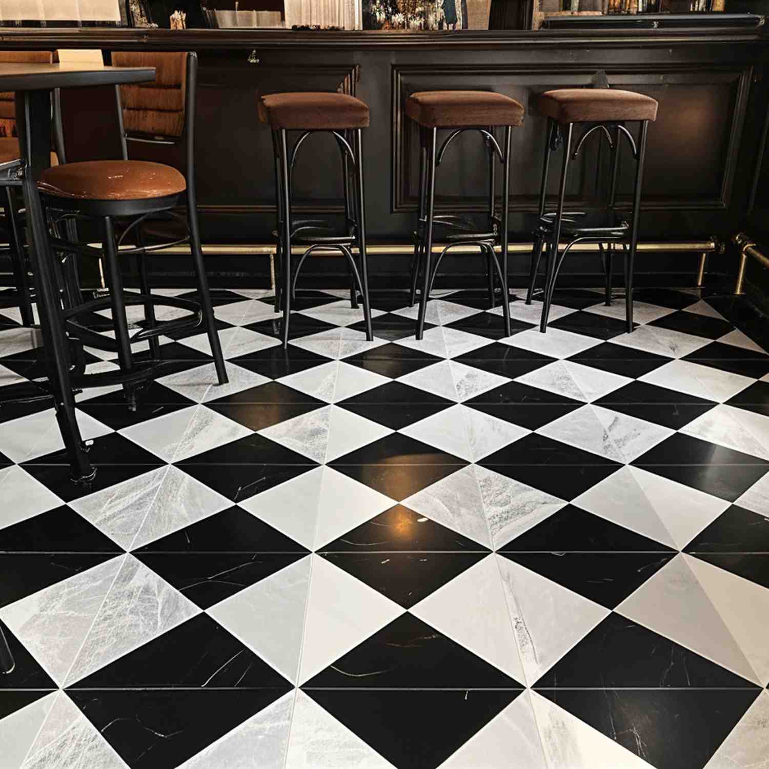 Triangle Marble black and white checkered diamond pattern marble tile installed as flooring in a bar with bar stools