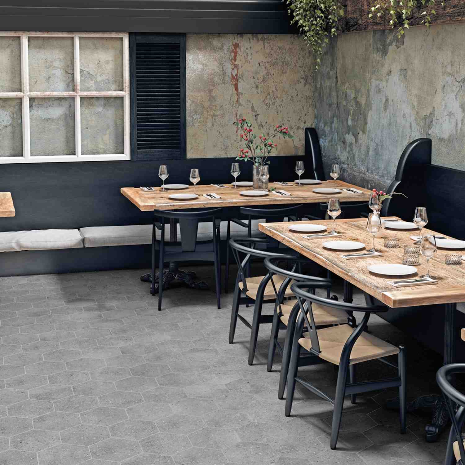 Wind Grey Hexagonal Porcelain Tile on Contemporary Outdoor Patio