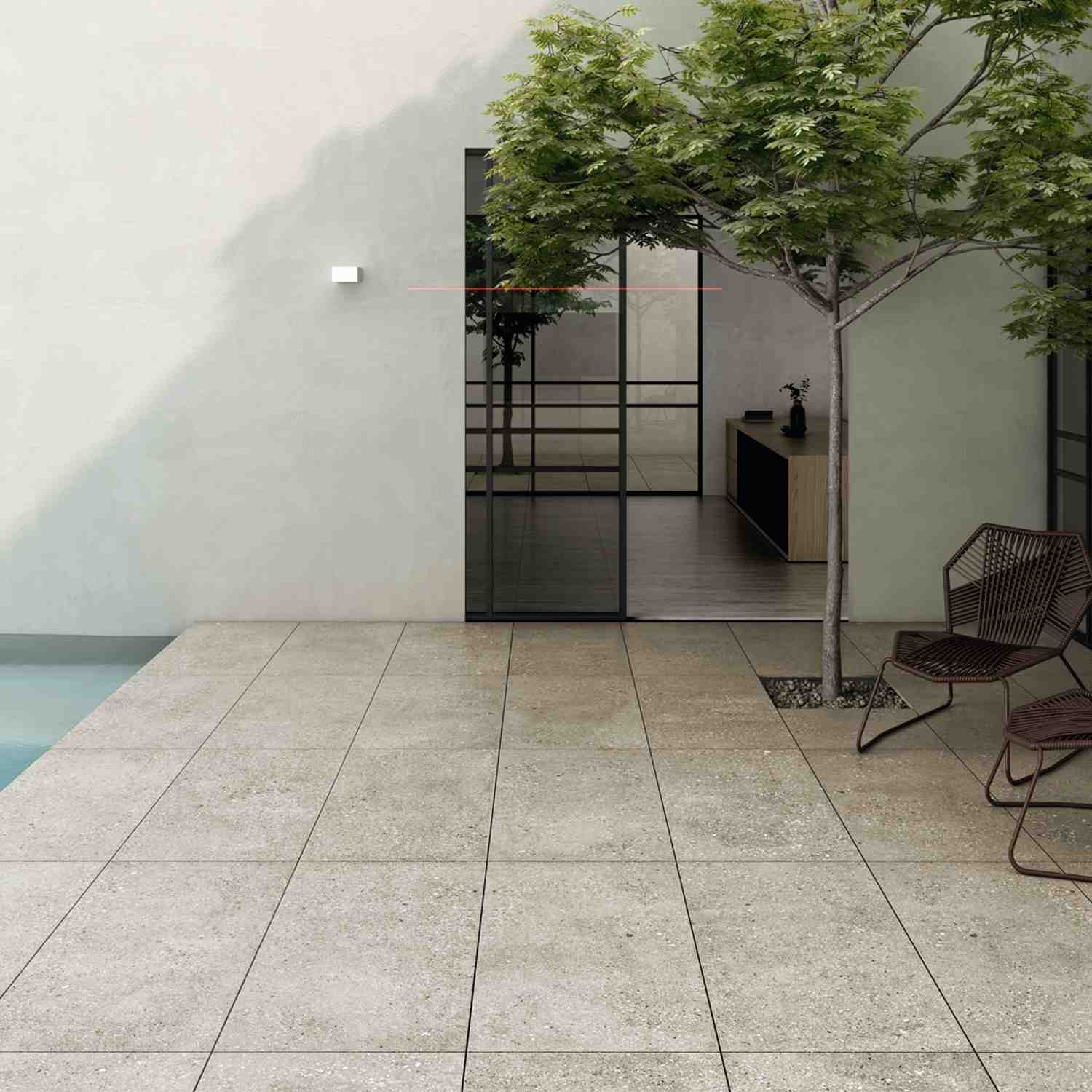 Wind Ivory Porcelain Tile in Thick Format Poolside Application