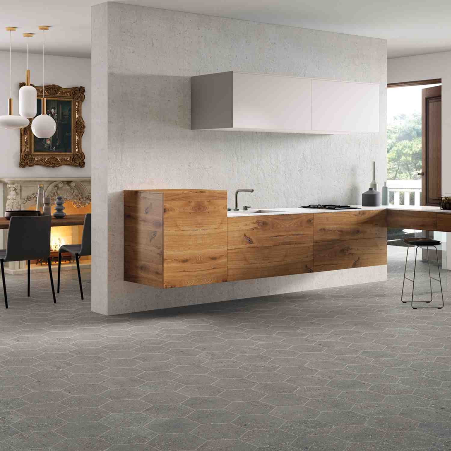 Wind Moss Hexagonal Porcelain Floor Tile in Modern Kitchen