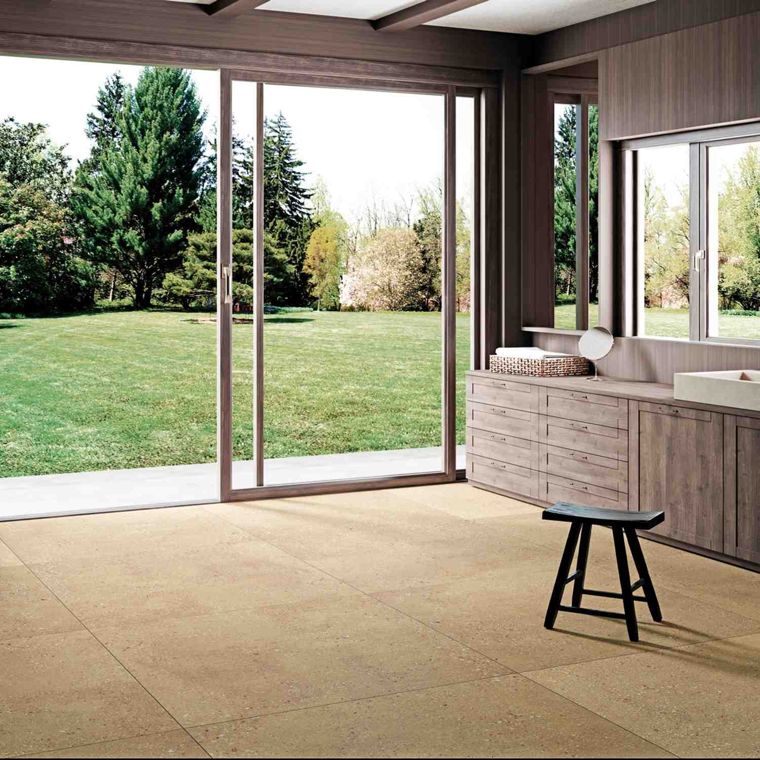 Wind Ochre Porcelain Floor Tile in Large Format Garden Setting