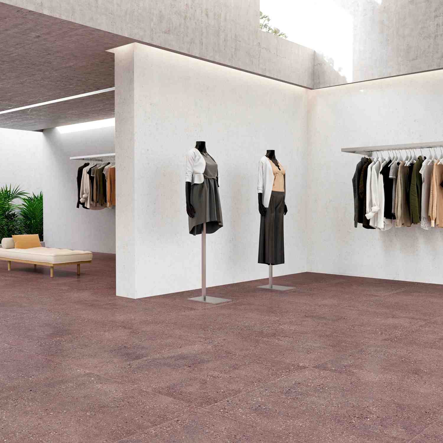Wind Red Porcelain Floor Tile in Large Format Retail Interior