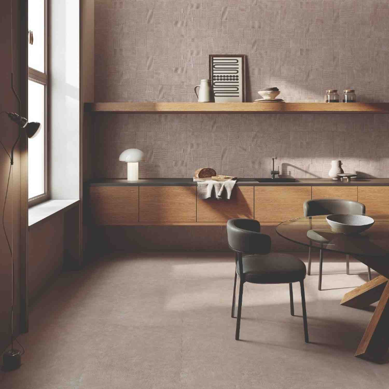 Sixty beige porcelain wall and floor tile in warm kitchen with wooden cabinetry and modern dining area
