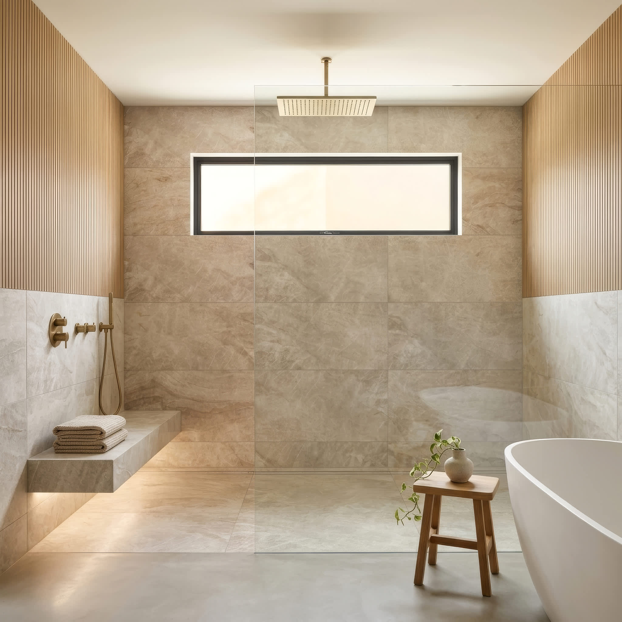 Taj Mahal honed quartzite tile in warm taupe and cream on the walls of a walk-in shower, with a rain shower head, stone bench and fluted wood panels