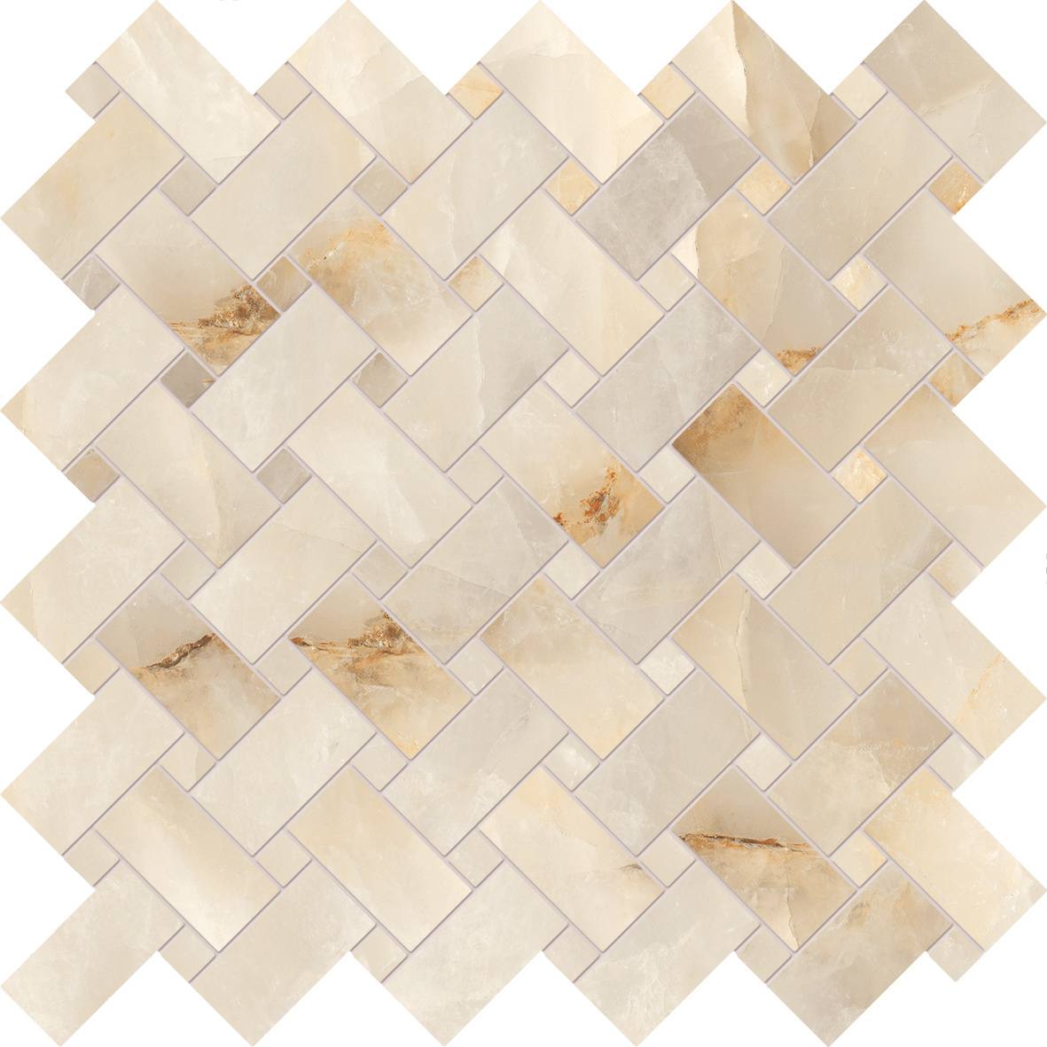Tele di Marmo Crystal porcelain mosaic tile in Extra Ivory, an Intrecci basketweave of ivory onyx-look marble with soft gold veining