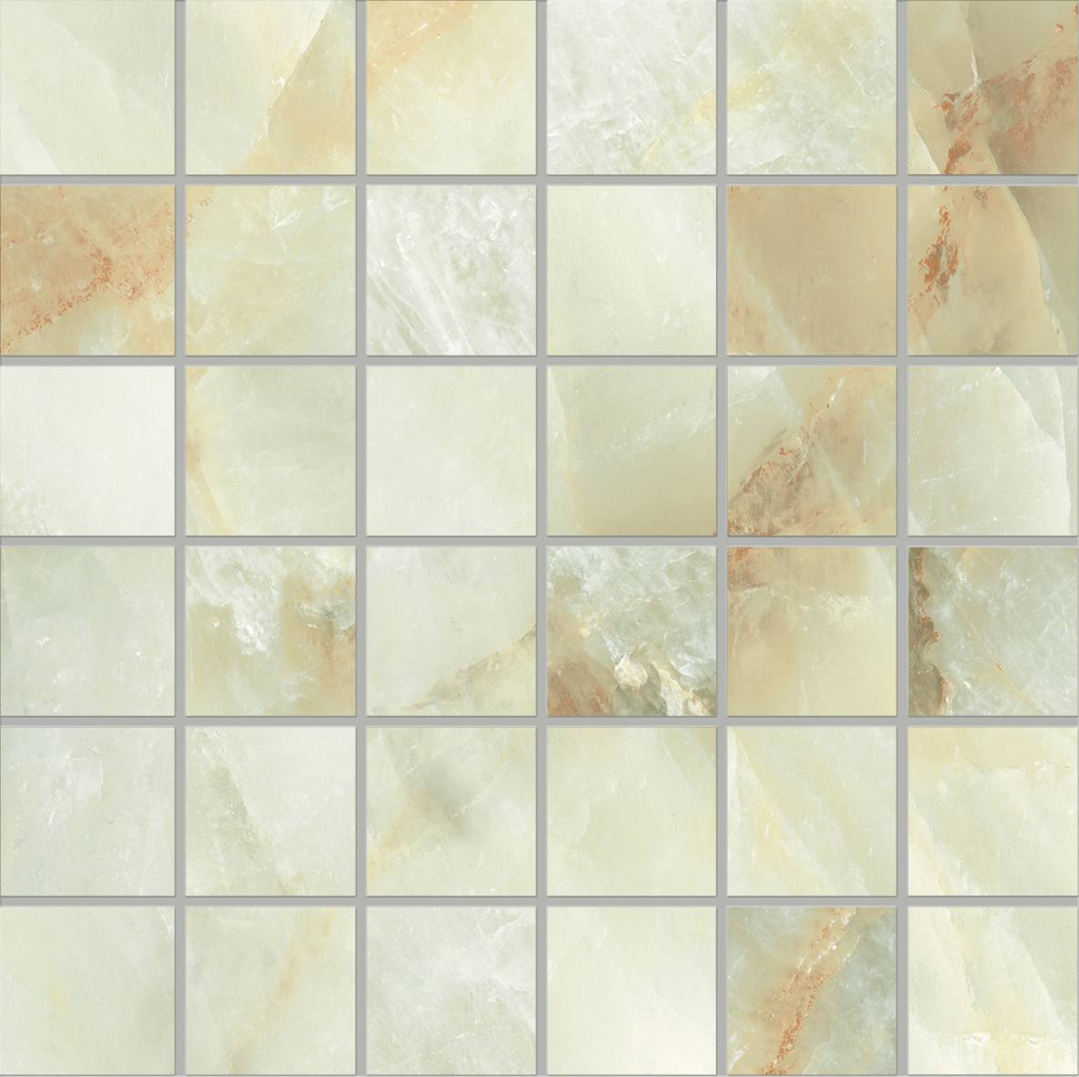 Tele di Marmo Crystal porcelain mosaic tile in Extra Light Green, a grid of pale jade onyx-look squares with amber veining