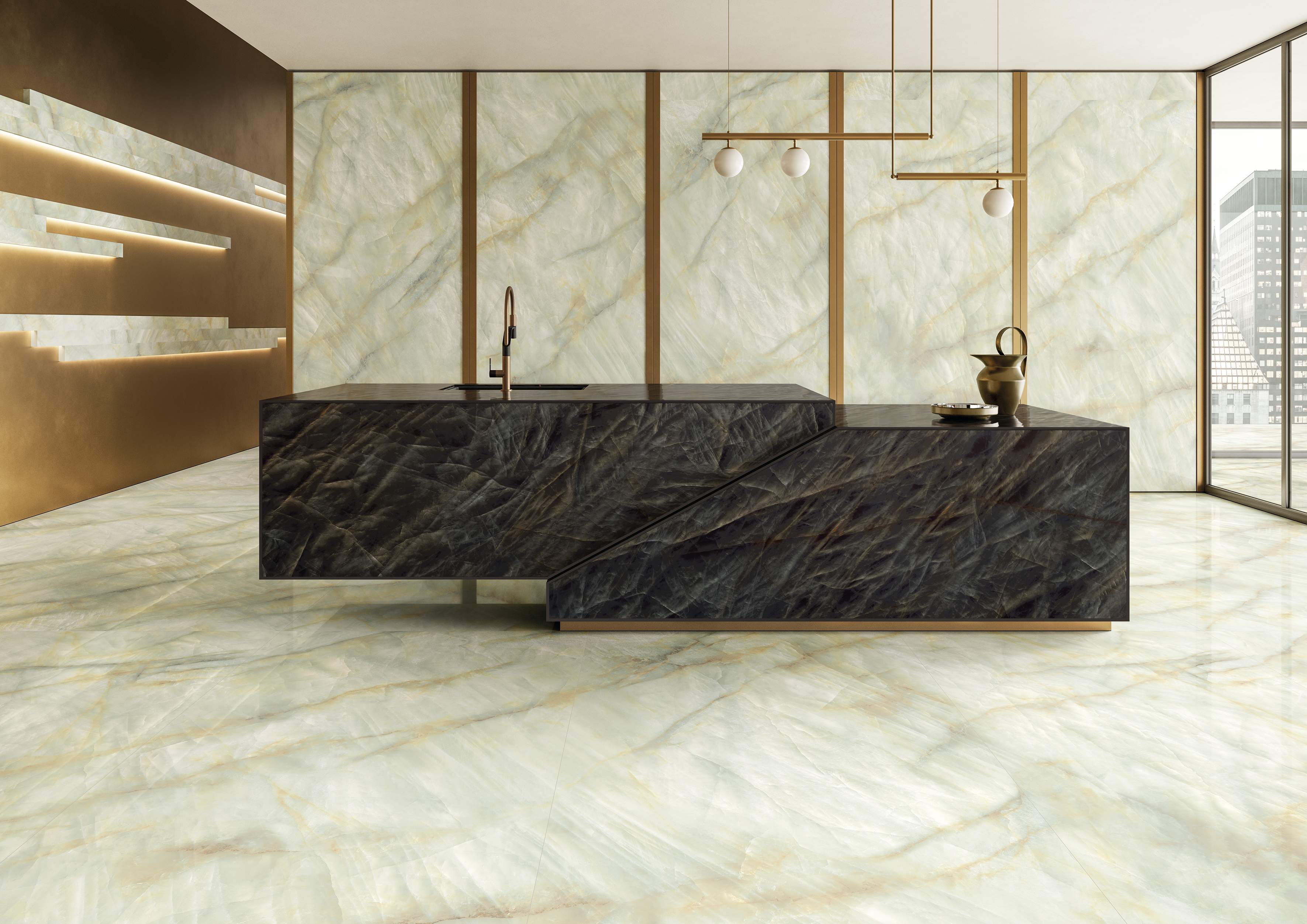 Tele di Marmo Crystal porcelain tile in Extra Light Green across the walls and floor of a luxe kitchen with a Vitrum Black island
